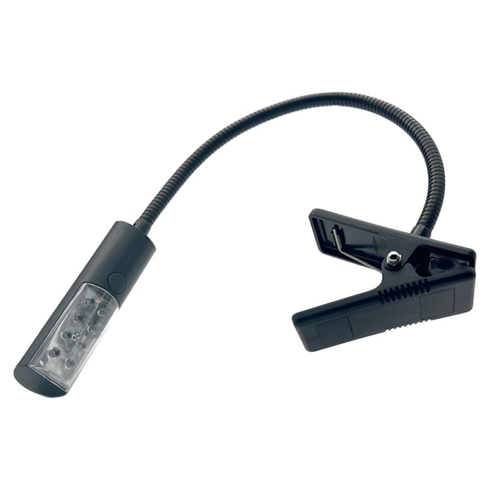 Ein schwarzes Klemm-Leselicht mit flexiblem Hals und LED-Leuchten.