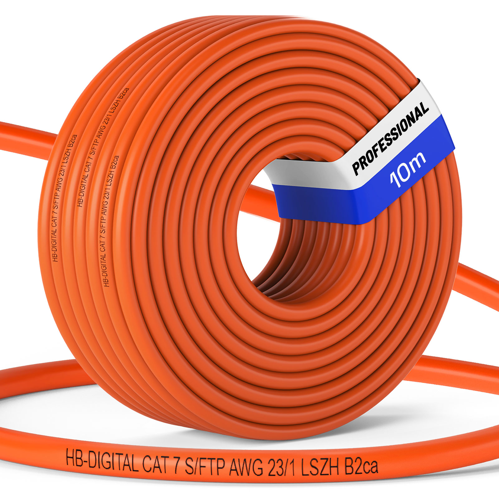 Ein aufgerolltes orangefarbenes Ethernet-Kabel mit 10m Länge und Beschriftung.