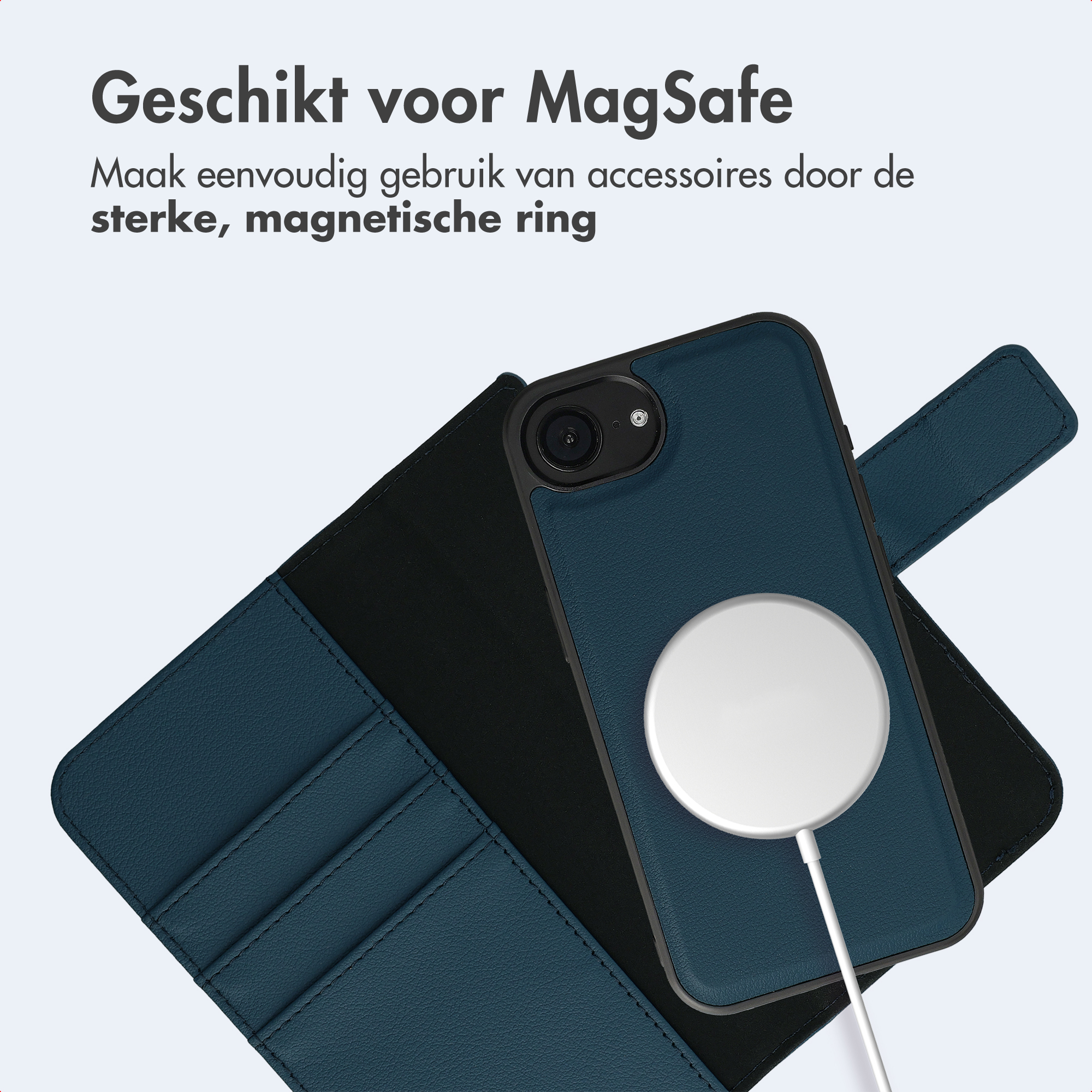 Dunkelblaues Handy-Case mit MagSafe-Ladegerät und Kartenfächern.