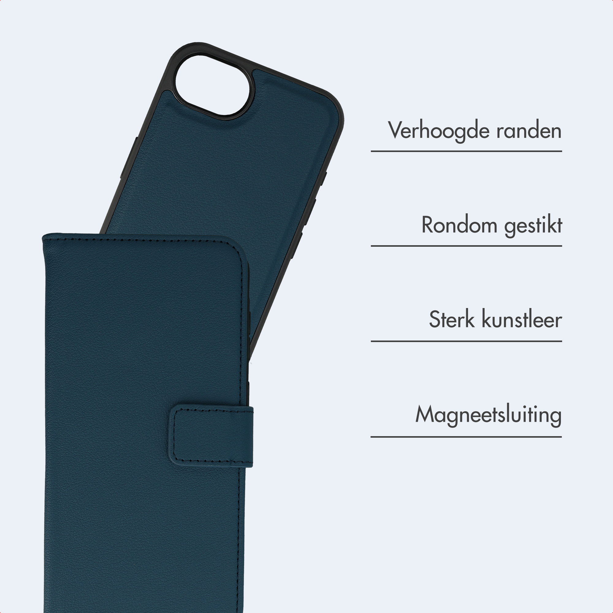 Dunkelblauer Handyhülle mit erhöhtem Rand, Nähten und Magnetverschluss.