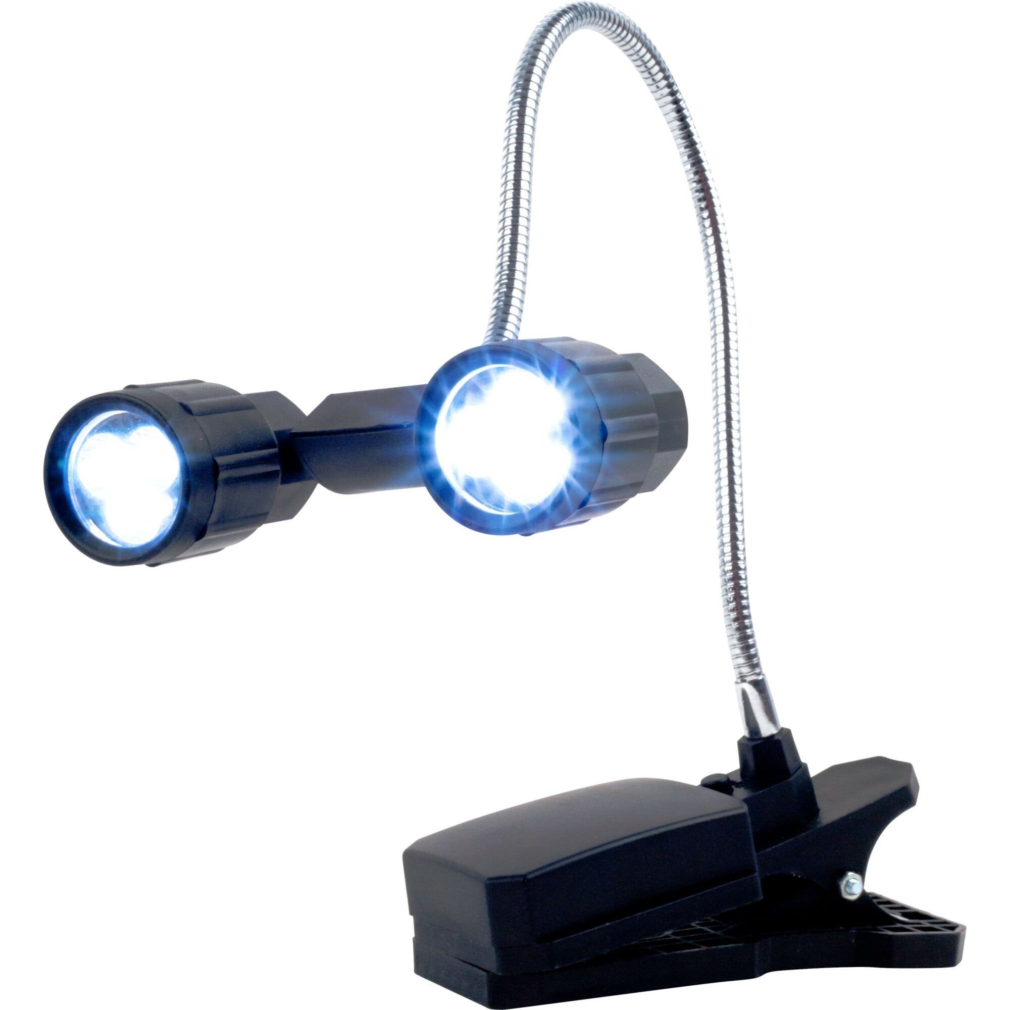 Eine Klemmleuchte mit zwei LEDs und einem flexiblen Schwanenhals.