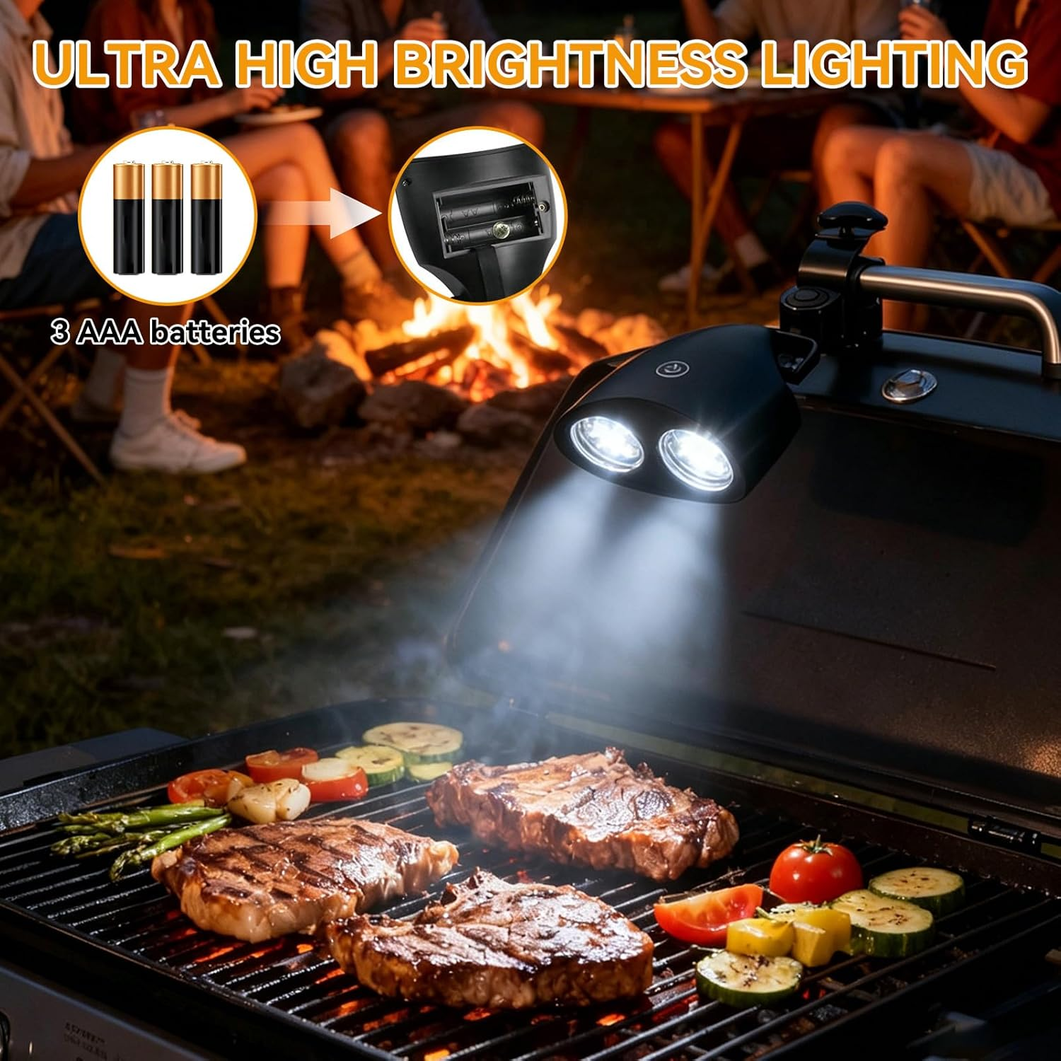 Grilllicht beleuchtet Steaks, Spargel und Gemüse. 3 AAA-Batterien.