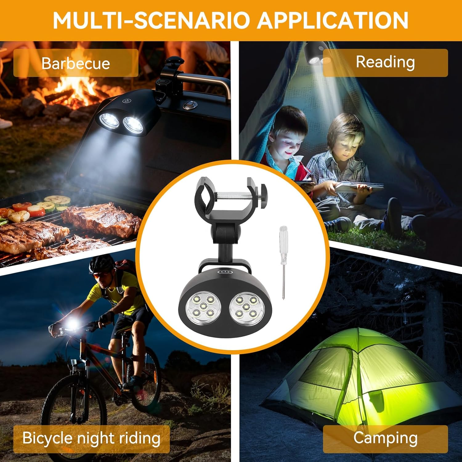 Mehrere Anwendungen: Grillen, Lesen im Zelt, Radfahren bei Nacht, Camping.
