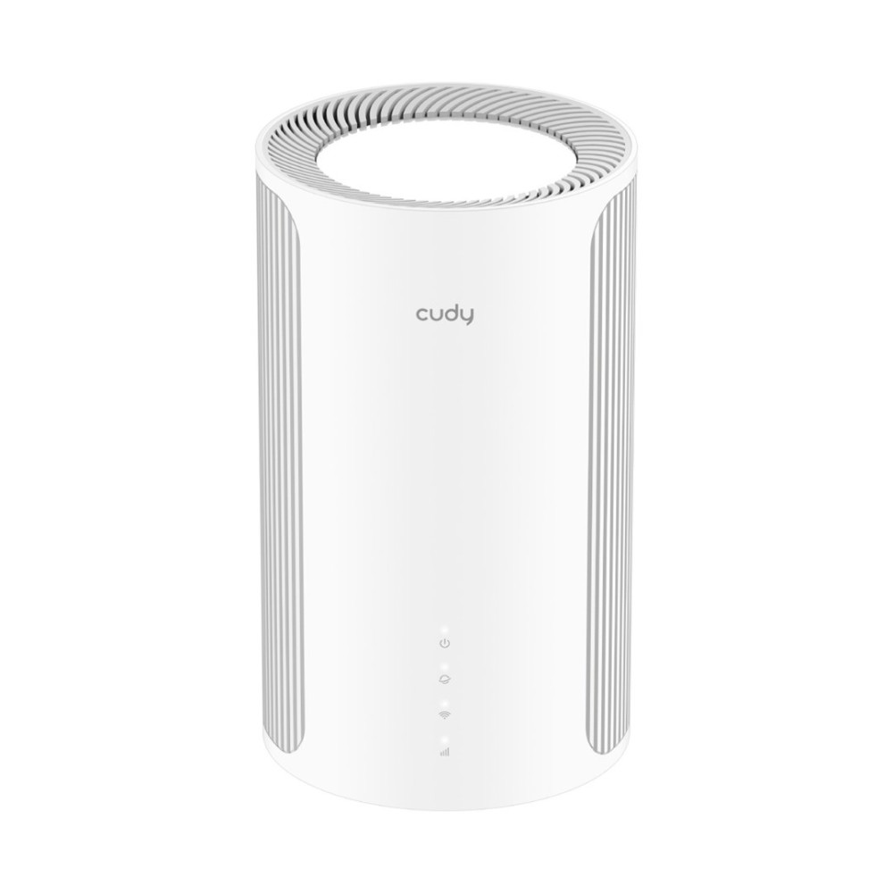 Biały, cylindryczny router z pionowymi paskami i logo "cudy".
