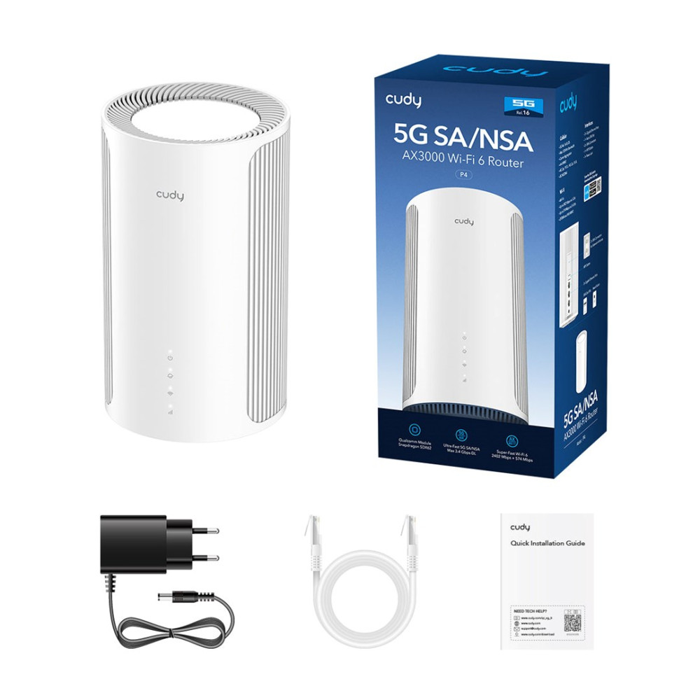Biały router 5G Cudy, zasilacz, kabel i instrukcja na niebieskim tle.
