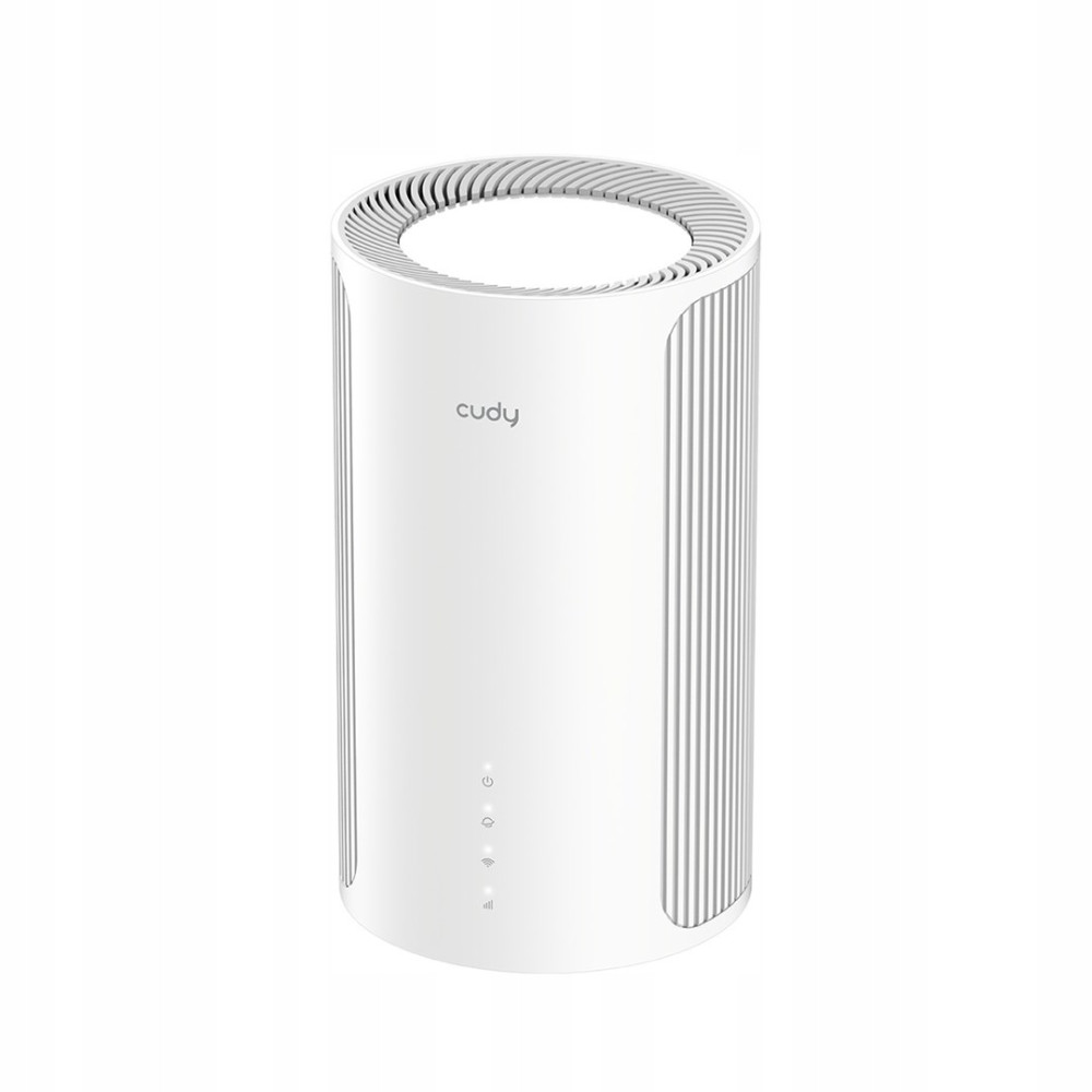 Biały router Cudy z pionowymi żebrami i przednimi światłami.