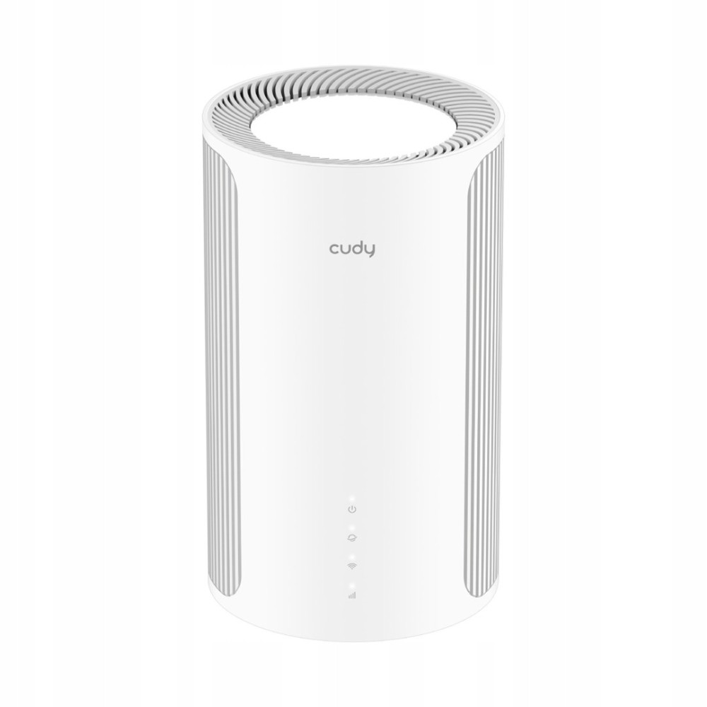 Biały, cylindryczny router z logo "cudy" i szczelinami wentylacyjnymi.