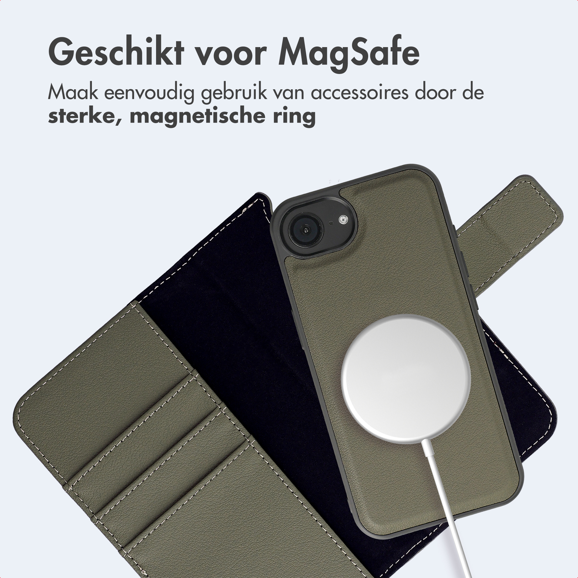 Grüne Handyhülle mit MagSafe-Ladegerät und Kartenfächern.