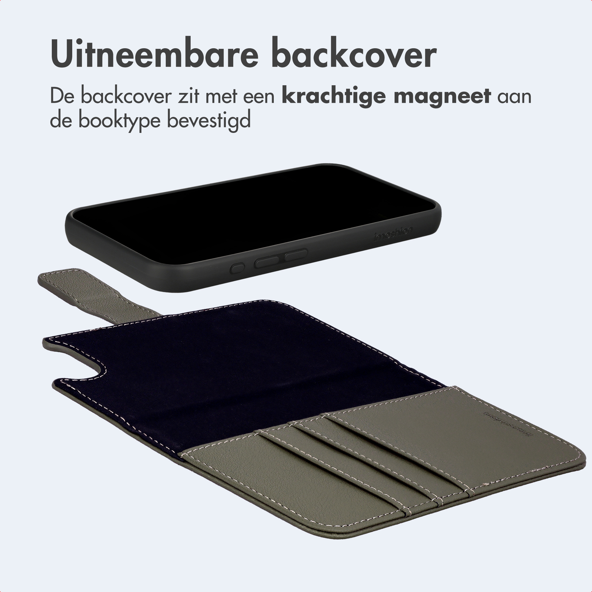 Abnehmbare Handyhülle: Schwarzes Handy mit abnehmbarer dunkelgrauer Hülle.