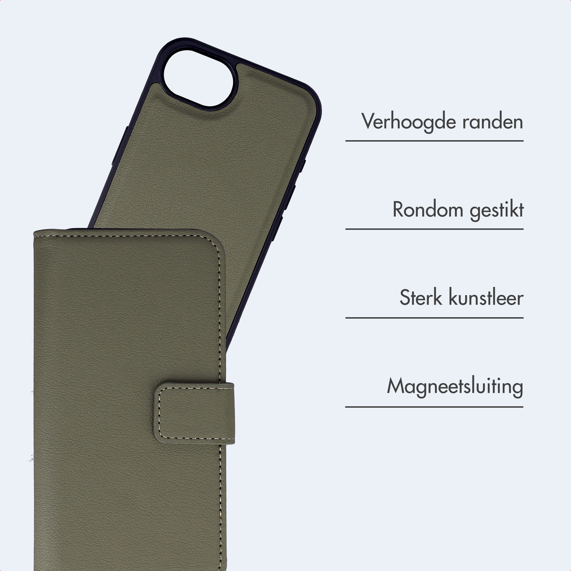 Grüne Kunstleder-Handyhülle mit Magnetverschluss und Nähten.