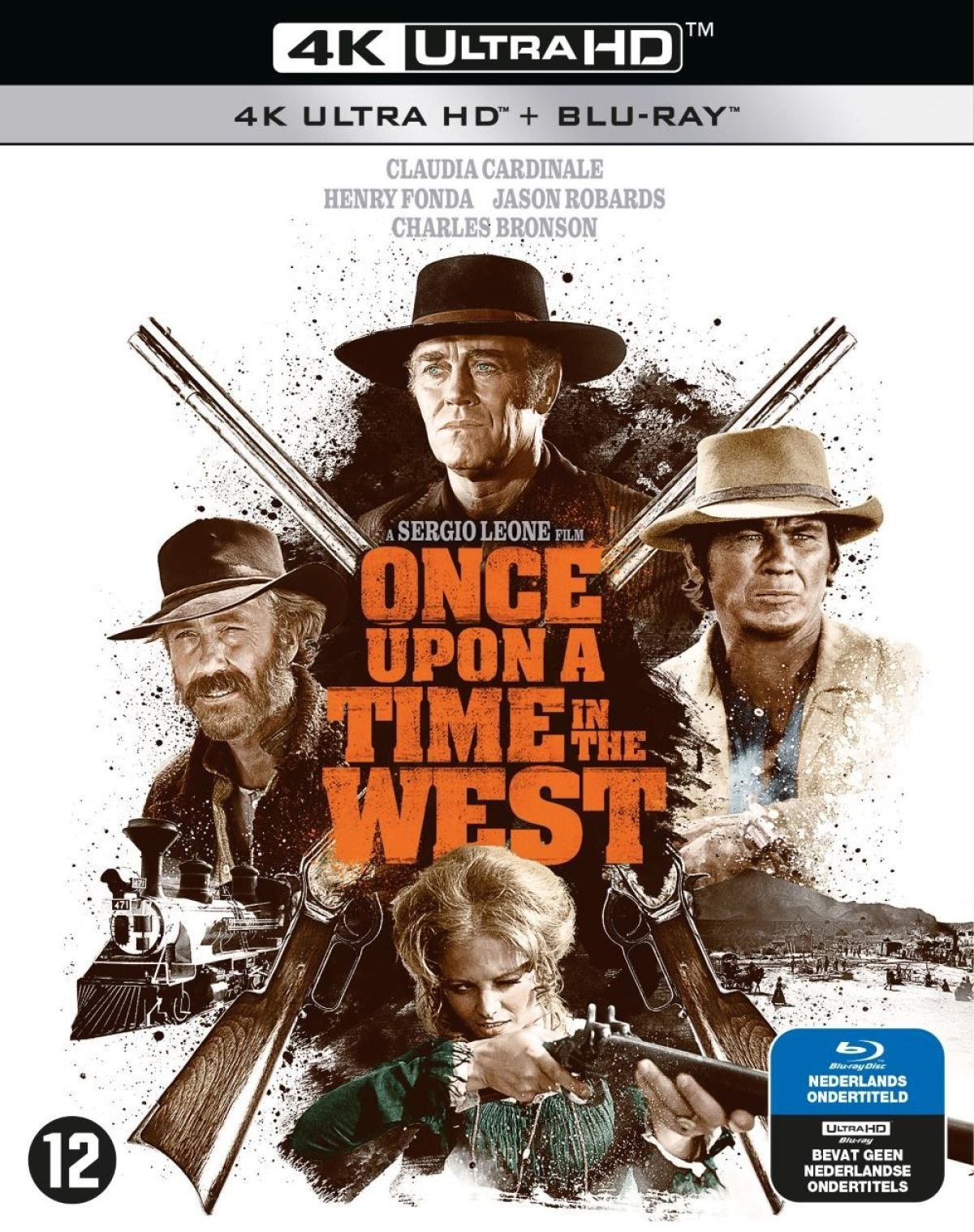 Film poster: 4 mannen & 1 vrouw in western kleding, geweren, trein, 4K Ultra HD Blu-ray.