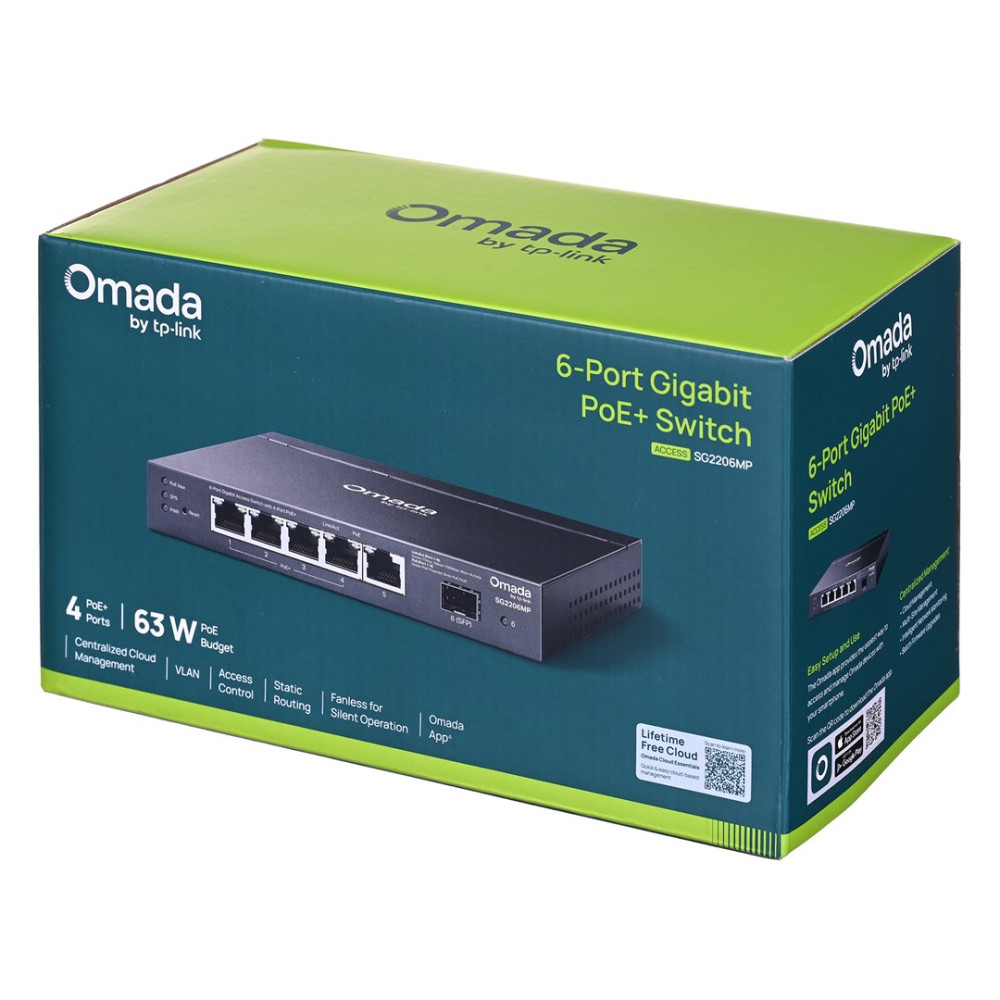 6-portowy przełącznik Gigabit PoE+ Omada by TP-Link na opakowaniu.