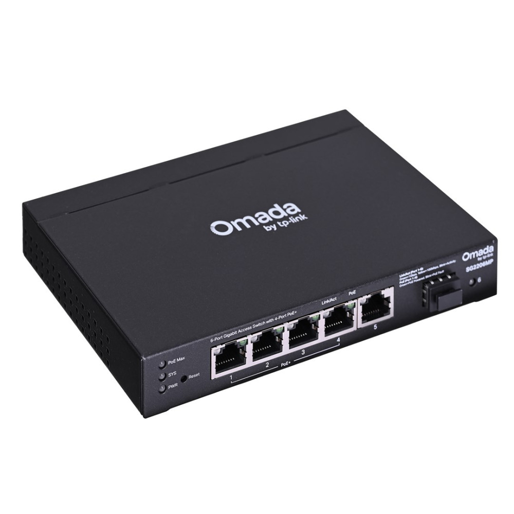 Czarny przełącznik Omada Gigabit 6-portowy z 4 portami PoE+ i wskaźnikami LED.