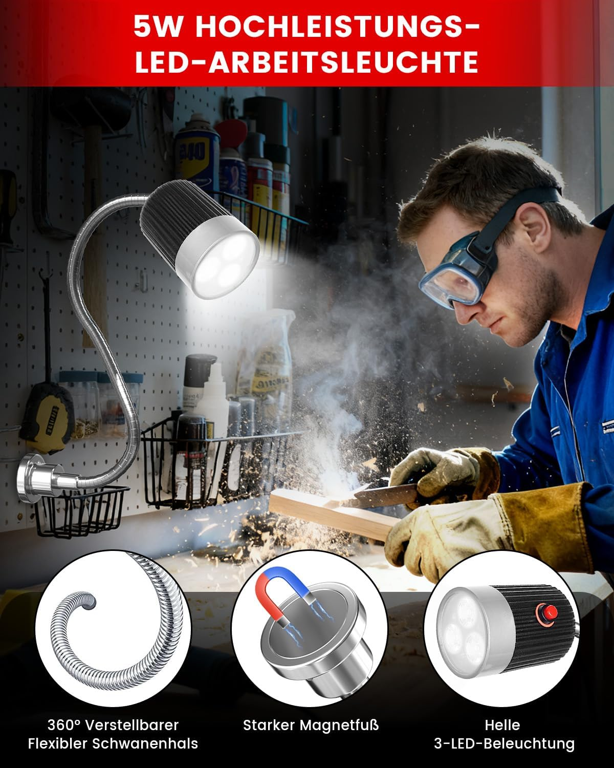 Ein Mann mit Schutzbrille arbeitet in einer Werkstatt. Eine LED-Arbeitsleuchte leuchtet auf Holz.