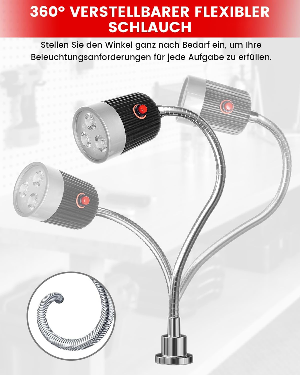 Zwei flexiblen LED-Leuchten mit Schwanenhals und silbernen Schläuchen.