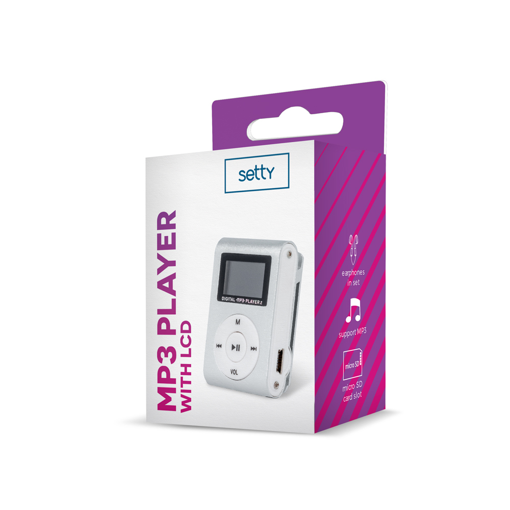 Opakowanie srebrnego odtwarzacza MP3 z ekranem LCD i przyciskami.