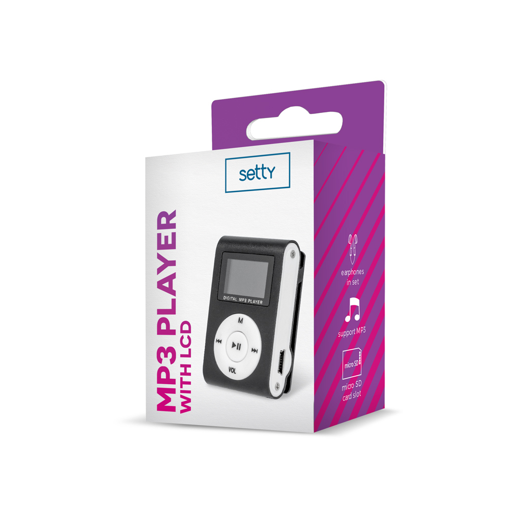 Opakowanie czarnego odtwarzacza MP3 z ekranem LCD i przyciskami sterującymi.