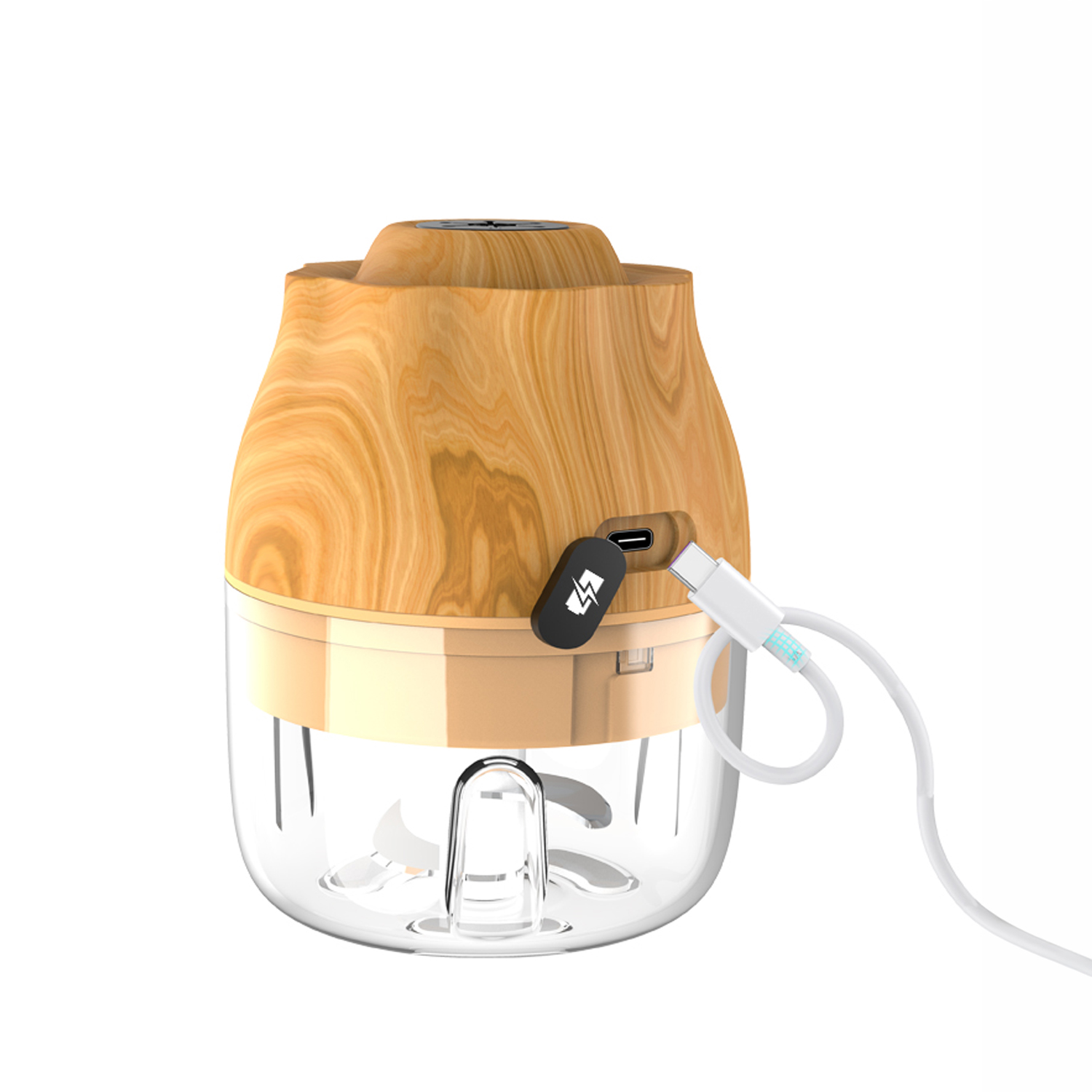 Un picador USB compacto con parte superior de vetas de madera y recipiente transparente.