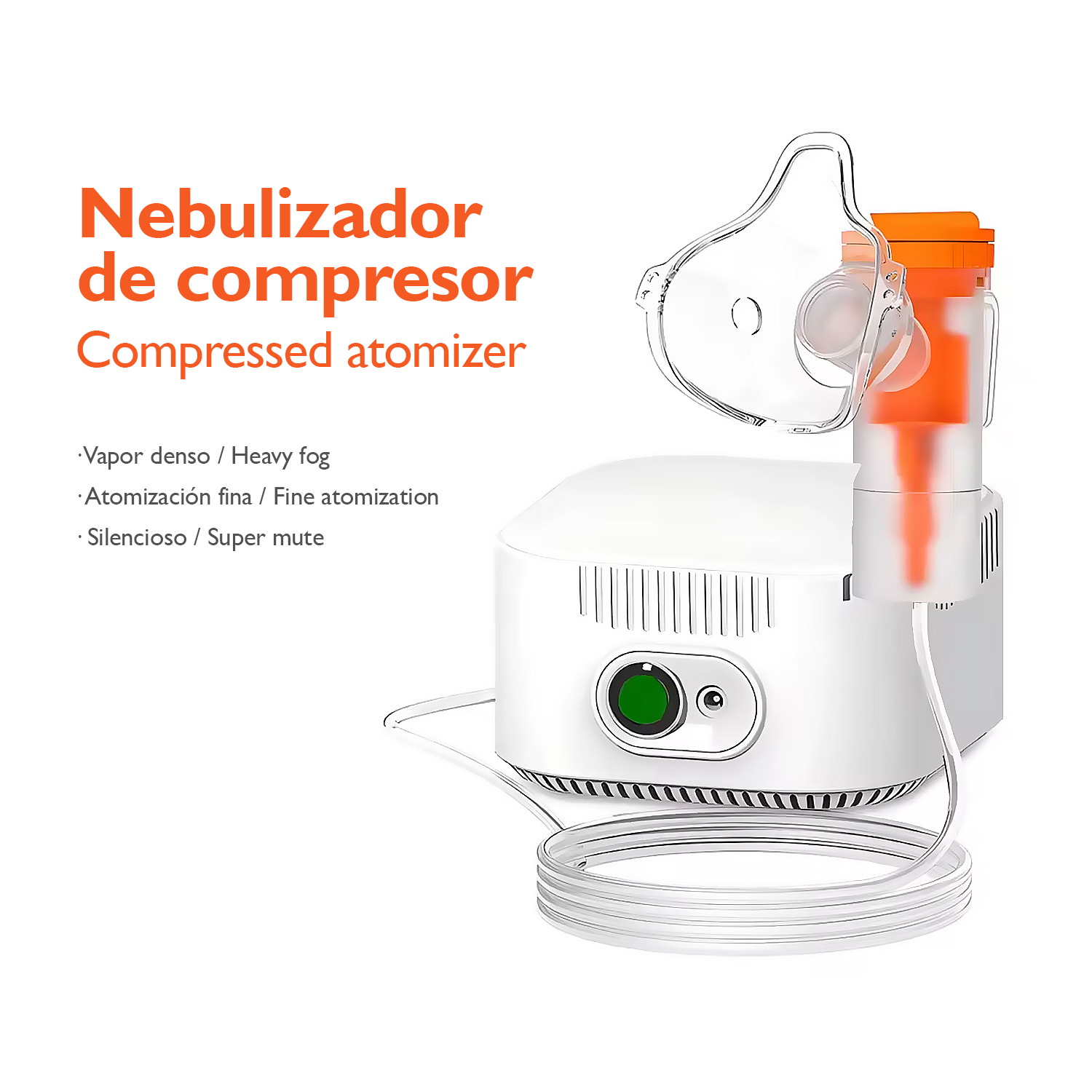 Un nebulizador compresor blanco con mascarilla y tubo naranjas.