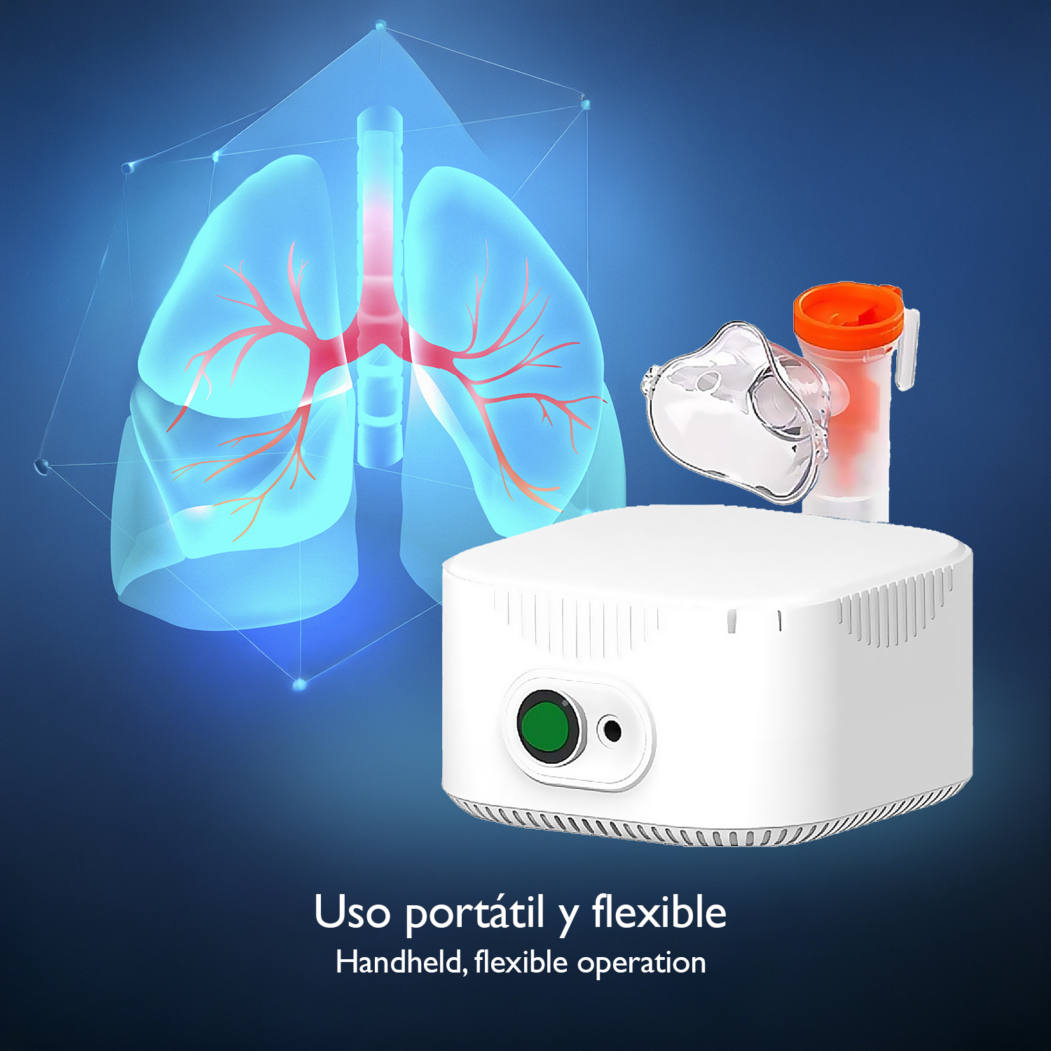 Un nebulizador blanco con mascarilla y vaso, frente a pulmones azul brillante.