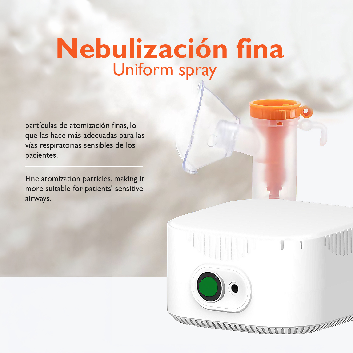 Un nebulizador blanco con un accesorio inhalador naranja-transparente y texto.