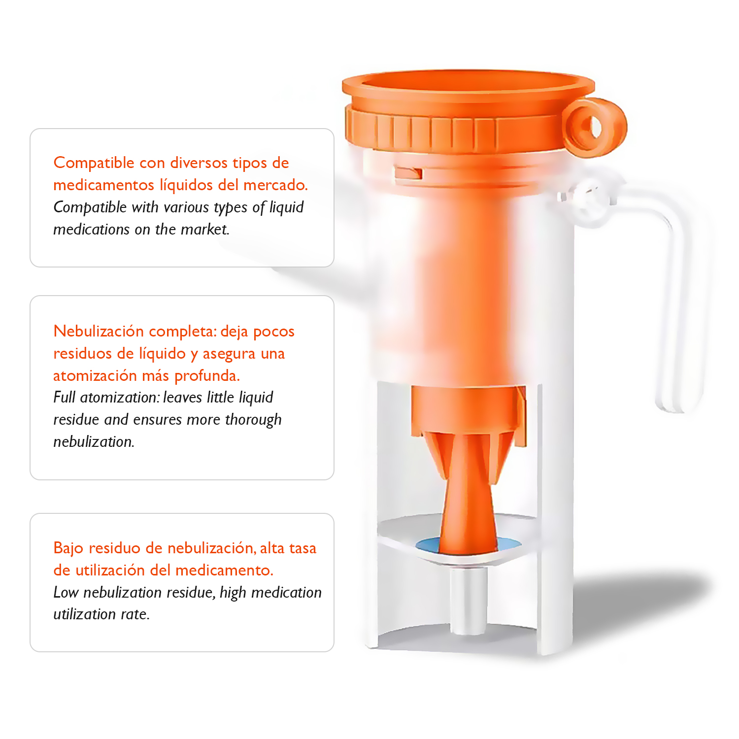 Un inhalador naranja con cuerpo transparente y mango blanco.