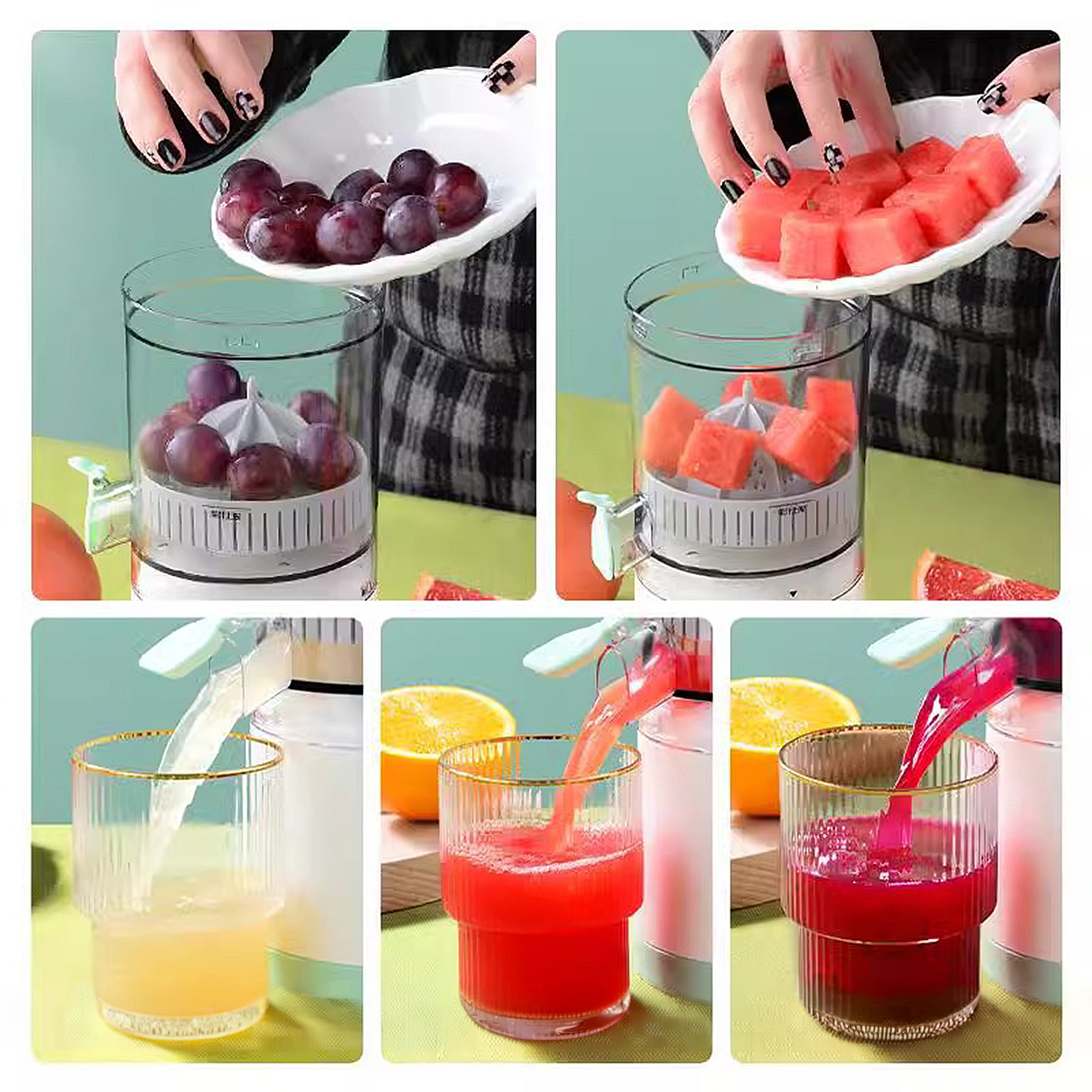 Las imágenes muestran la preparación de jugo: uvas, sandía, jugo de naranja, jugo rojo.