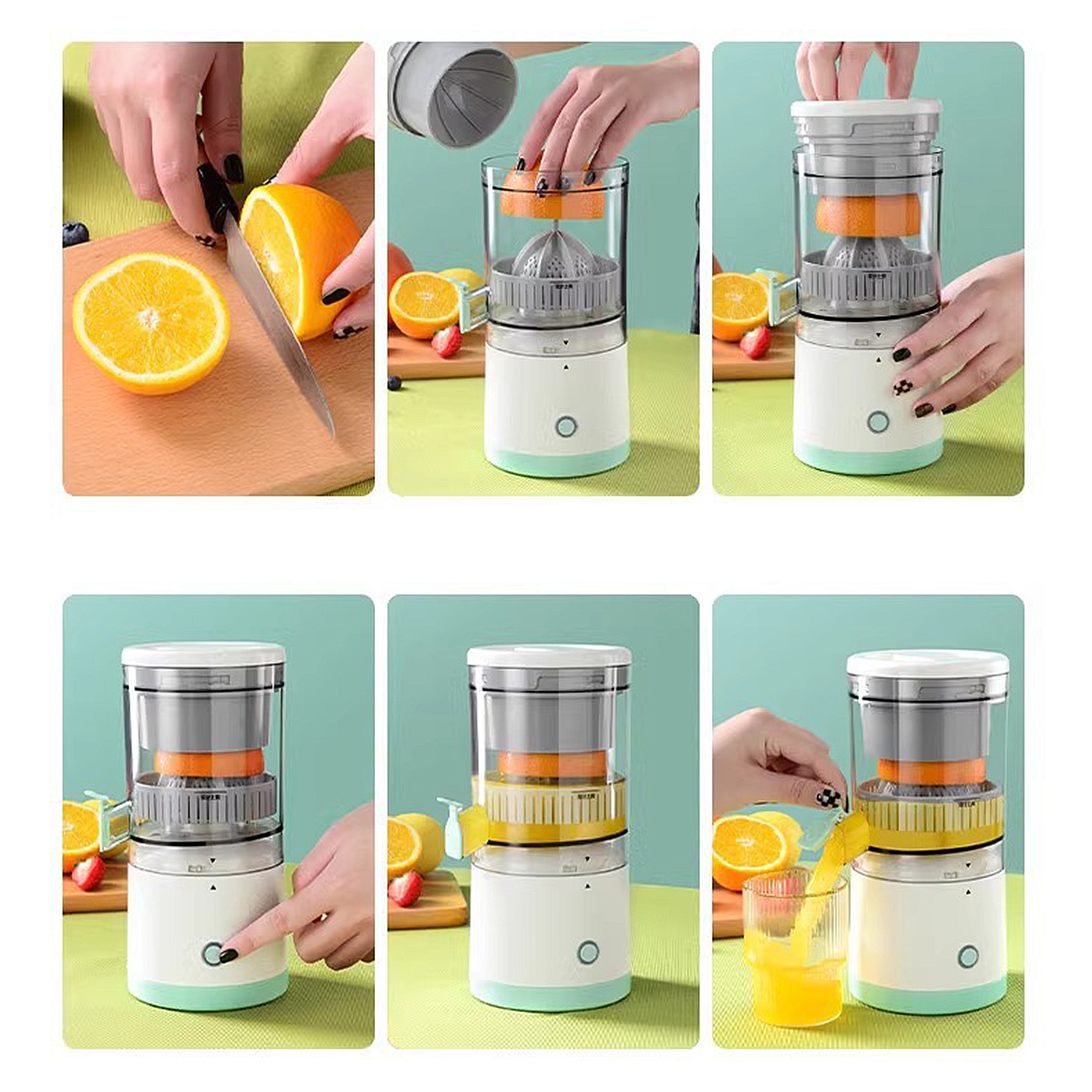 Guía paso a paso para hacer zumos de naranja con un exprimidor eléctrico.