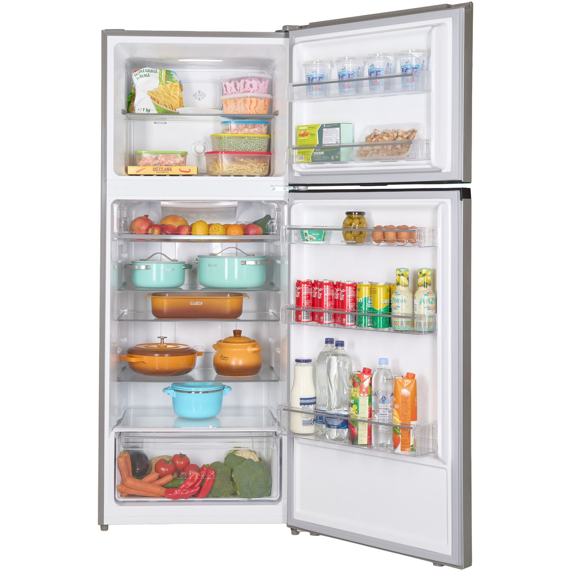 An open refrigerator filled with food: fruits, vegetables, drinks, and cookware.