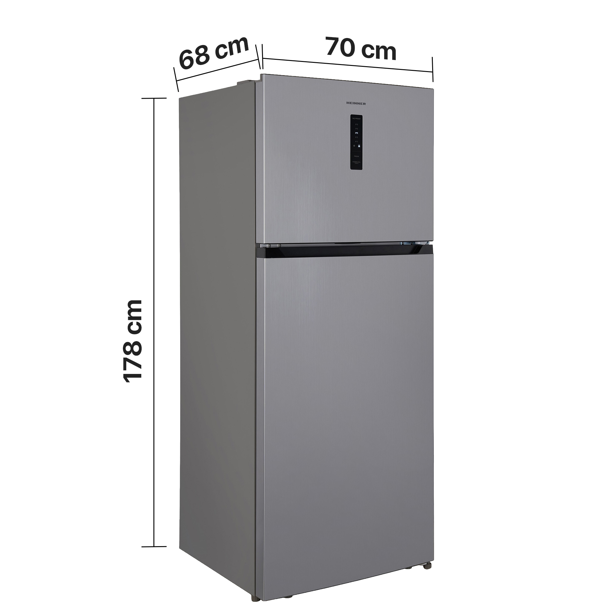 A silver two-door refrigerator, 178 cm high, 68 cm wide, 70 cm deep.