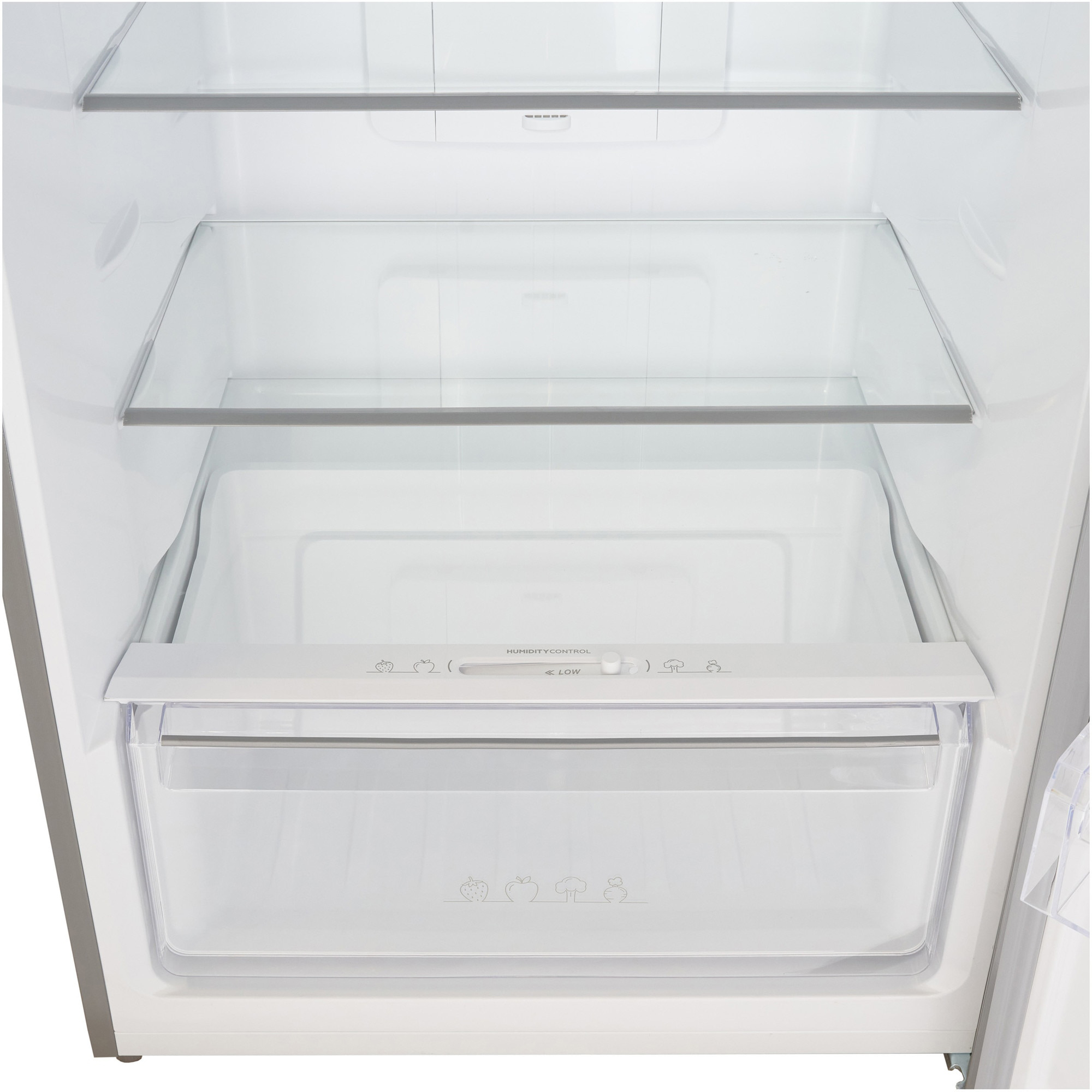 Interior view of an empty refrigerator with glass shelves and a drawer.
