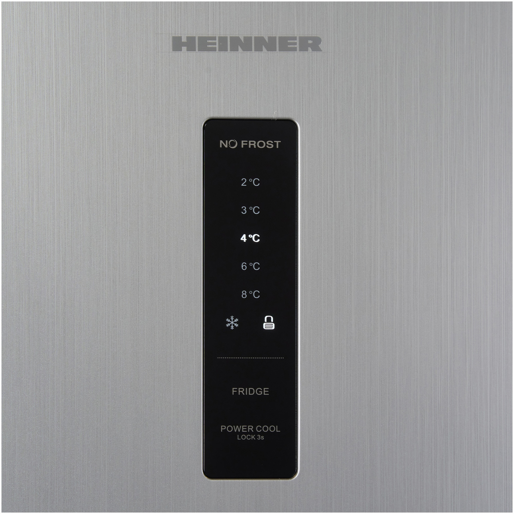 Heinner logo and control panel showing temperatures 2-8°C and functions.