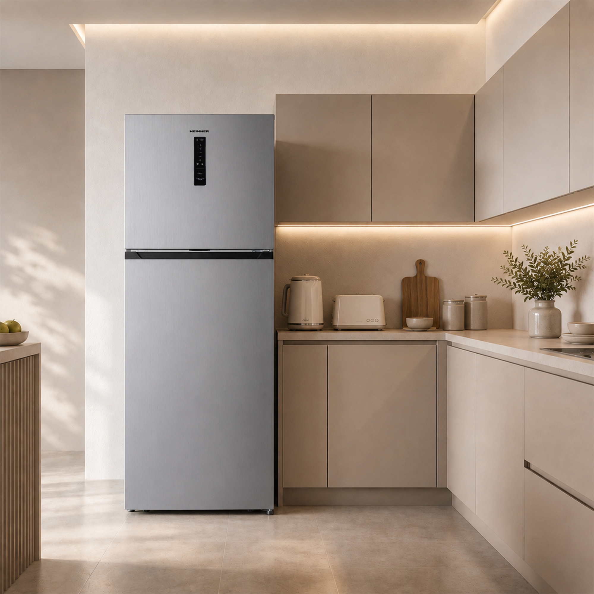 A silver refrigerator stands in a modern kitchen with cream-colored cabinets.