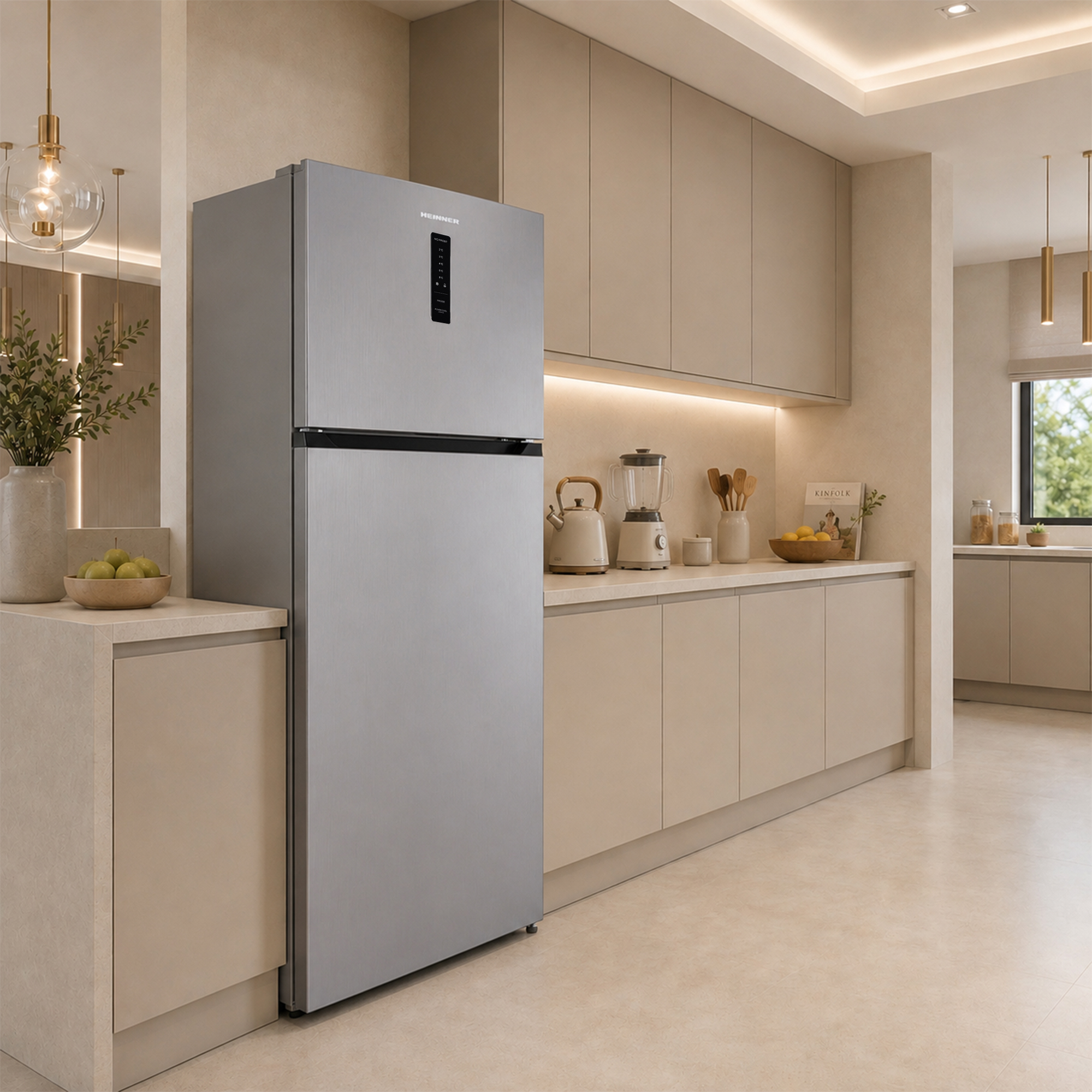 A silver refrigerator stands in a modern, bright kitchen with beige cabinets.