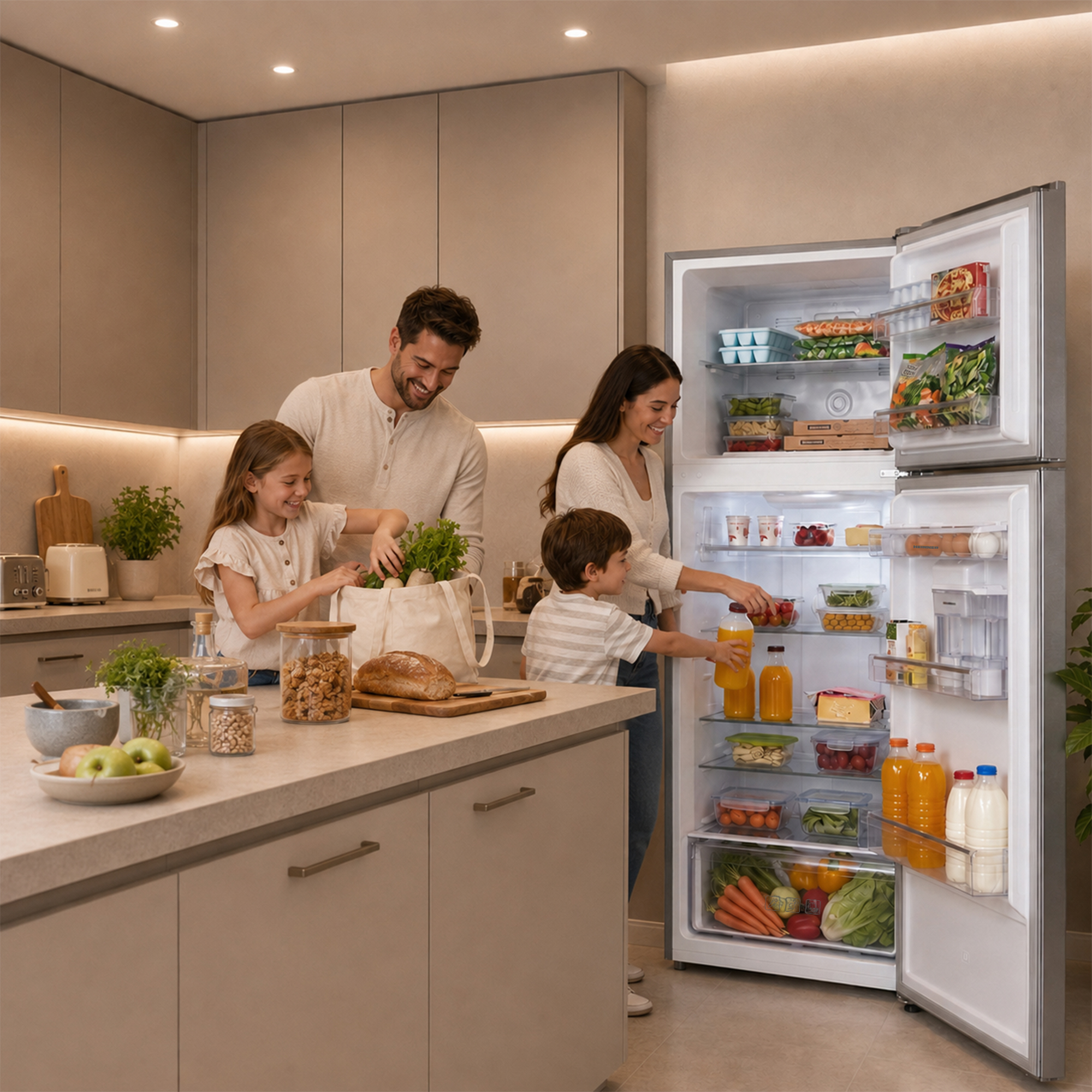 A family unpacks groceries in a kitchen, with the refrigerator open.