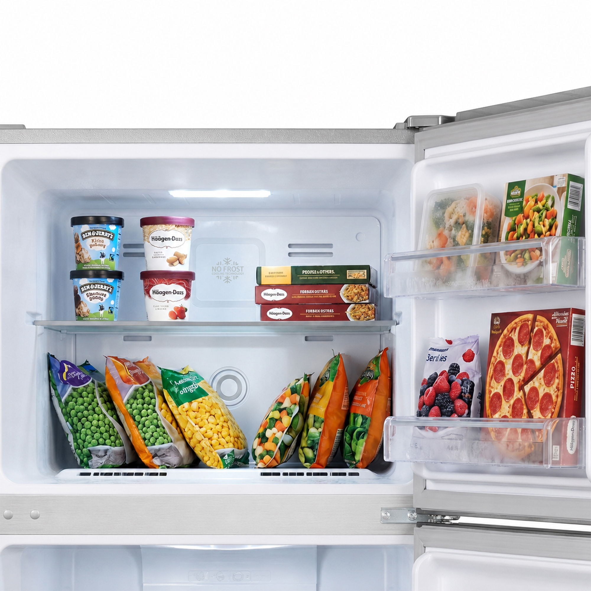 Un réfrigérateur ouvert rempli de crème glacée, de légumes surgelés, de pizza et de baies.
