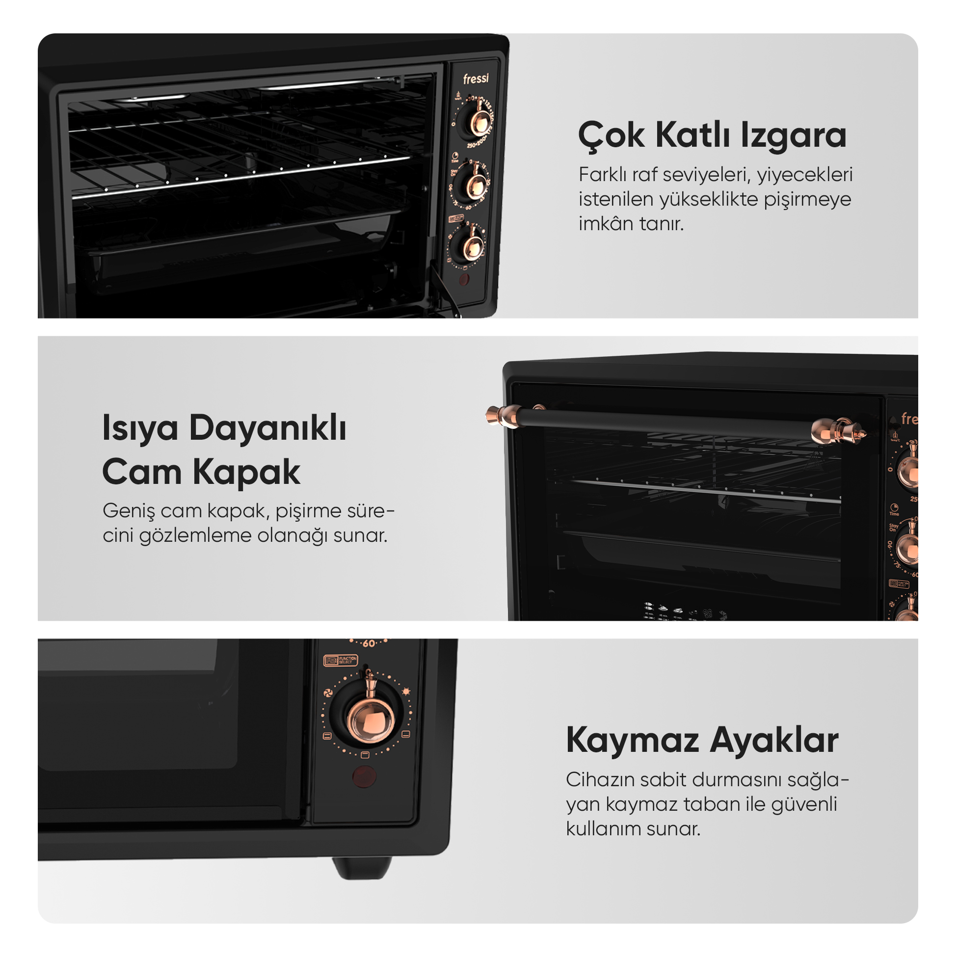 Çok raflı, ısıya dayanıklı kapılı, kaymaz ayaklı siyah fırın.