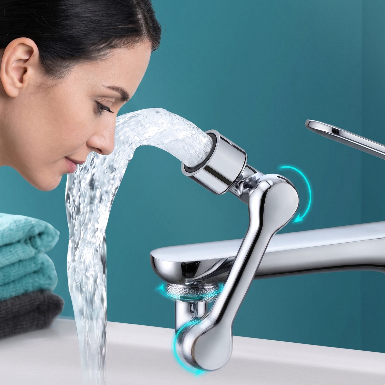 Una mujer se lava la cara en un lavabo con agua fluyendo de un grifo cromado.