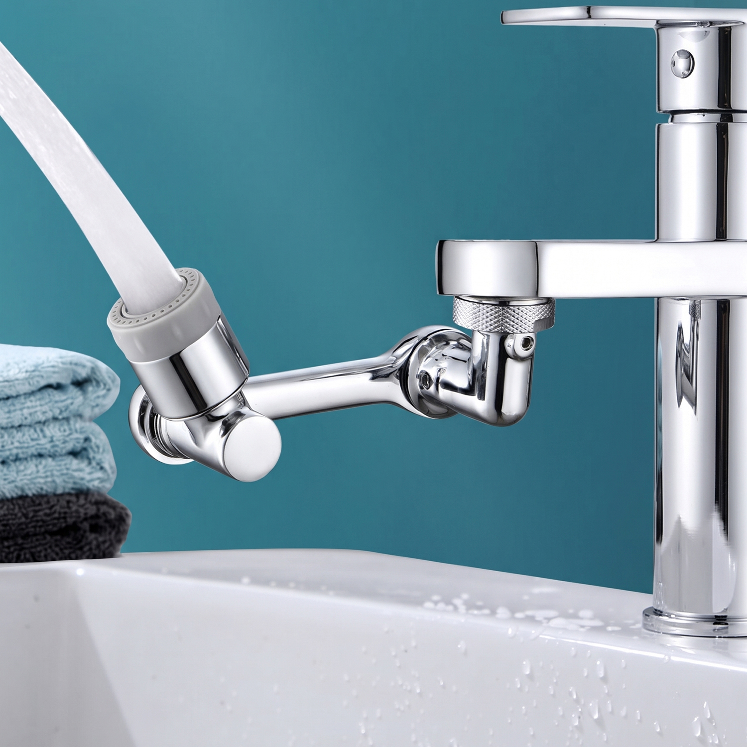 Un grifo cromado con un caño flexible que cuelga sobre un lavabo blanco.