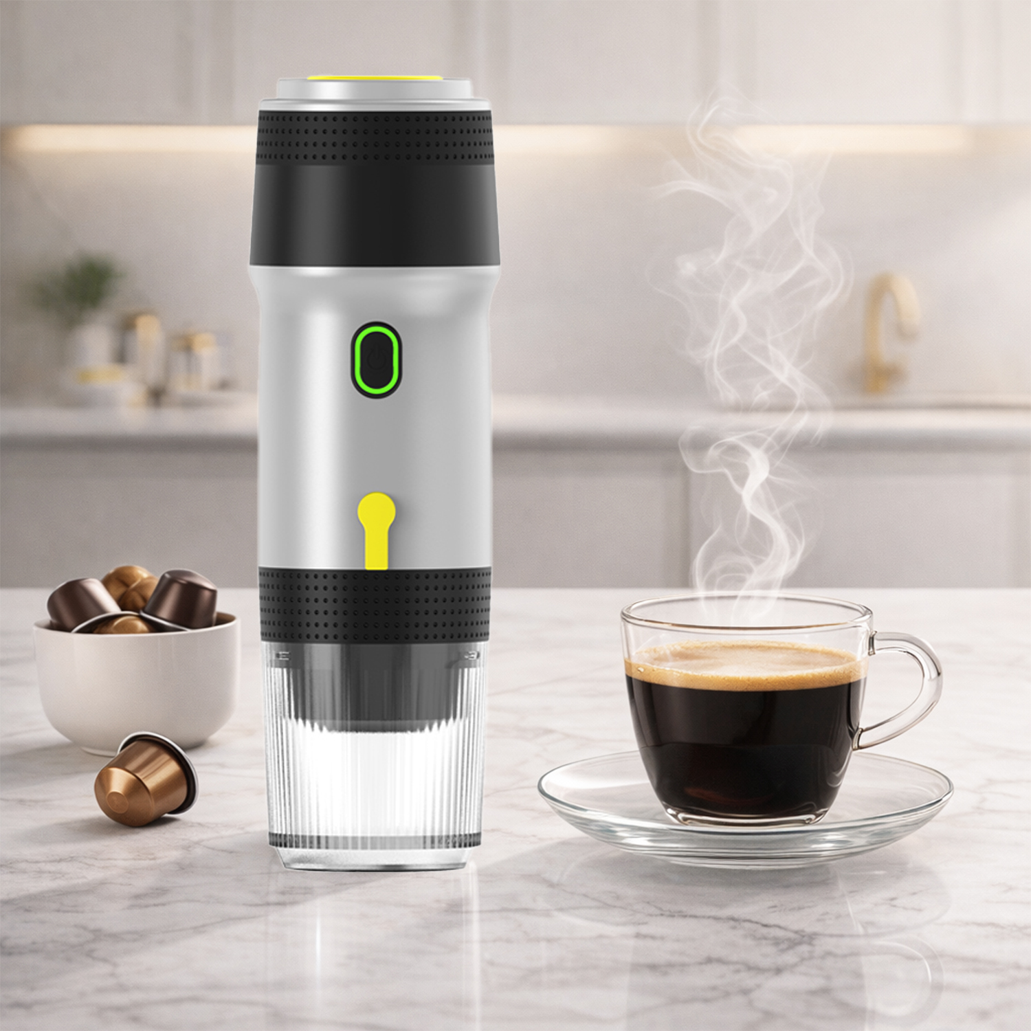 Eine tragbare Espressomaschine mit Kaffeekapseln und einer dampfenden Espressotasse.