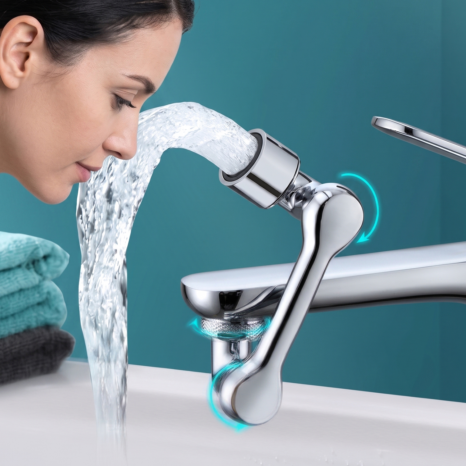 Una mujer se lava la cara en un lavabo con agua fluyendo de un grifo cromado.
