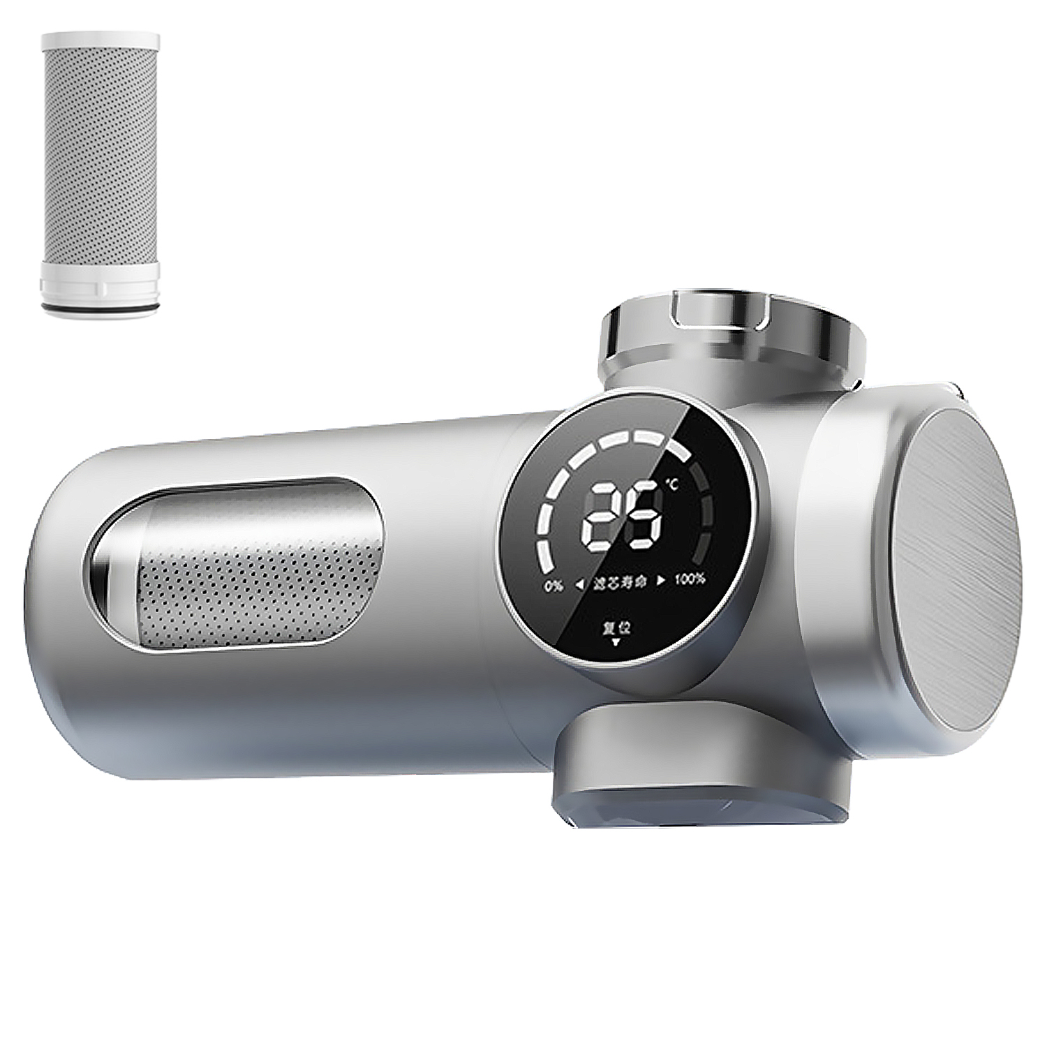 Dispositivo de filtro de agua plateado con pantalla digital que muestra 25°C y un cartucho de filtro.