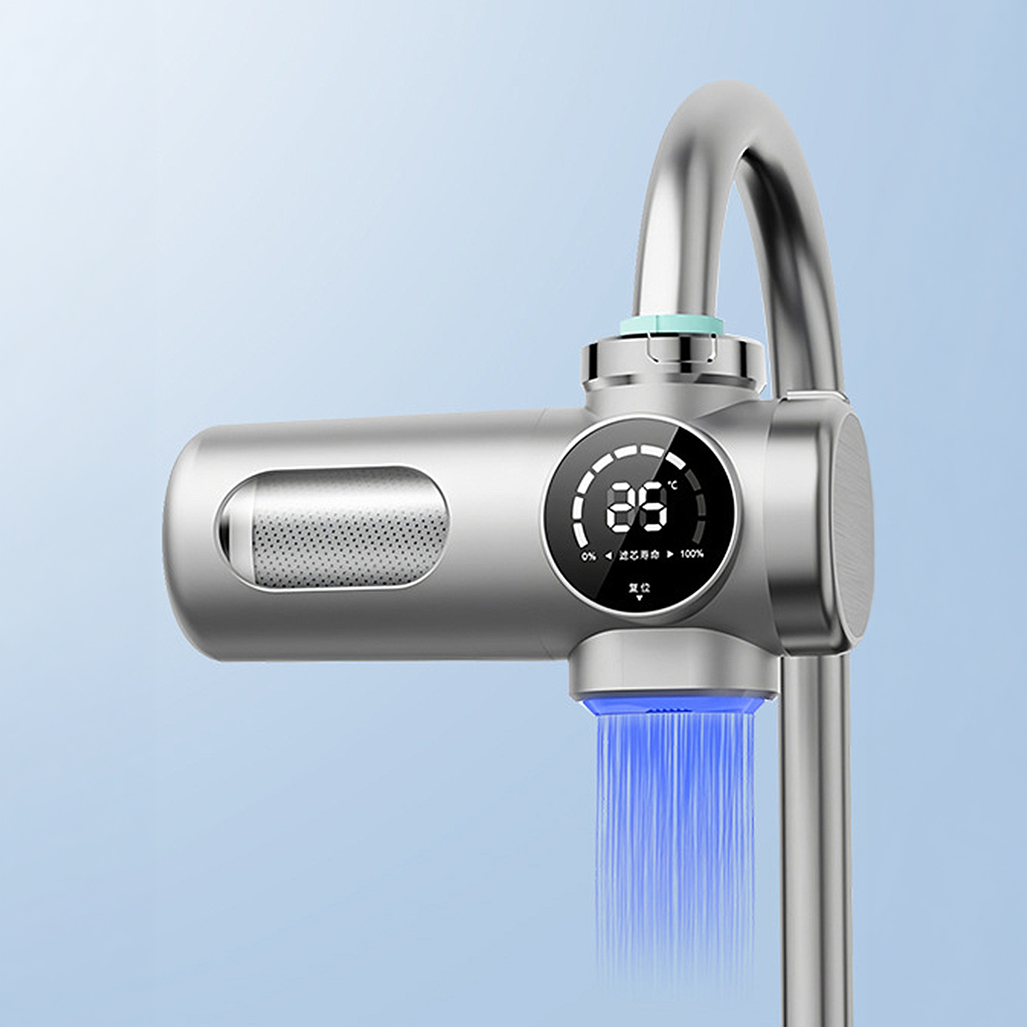 Un grifo plateado con pantalla digital que muestra 25 grados y agua azul fluyendo.