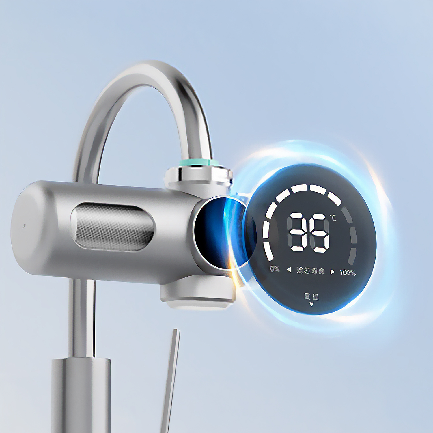 Un grifo plateado moderno con pantalla digital que muestra 36 grados Celsius.