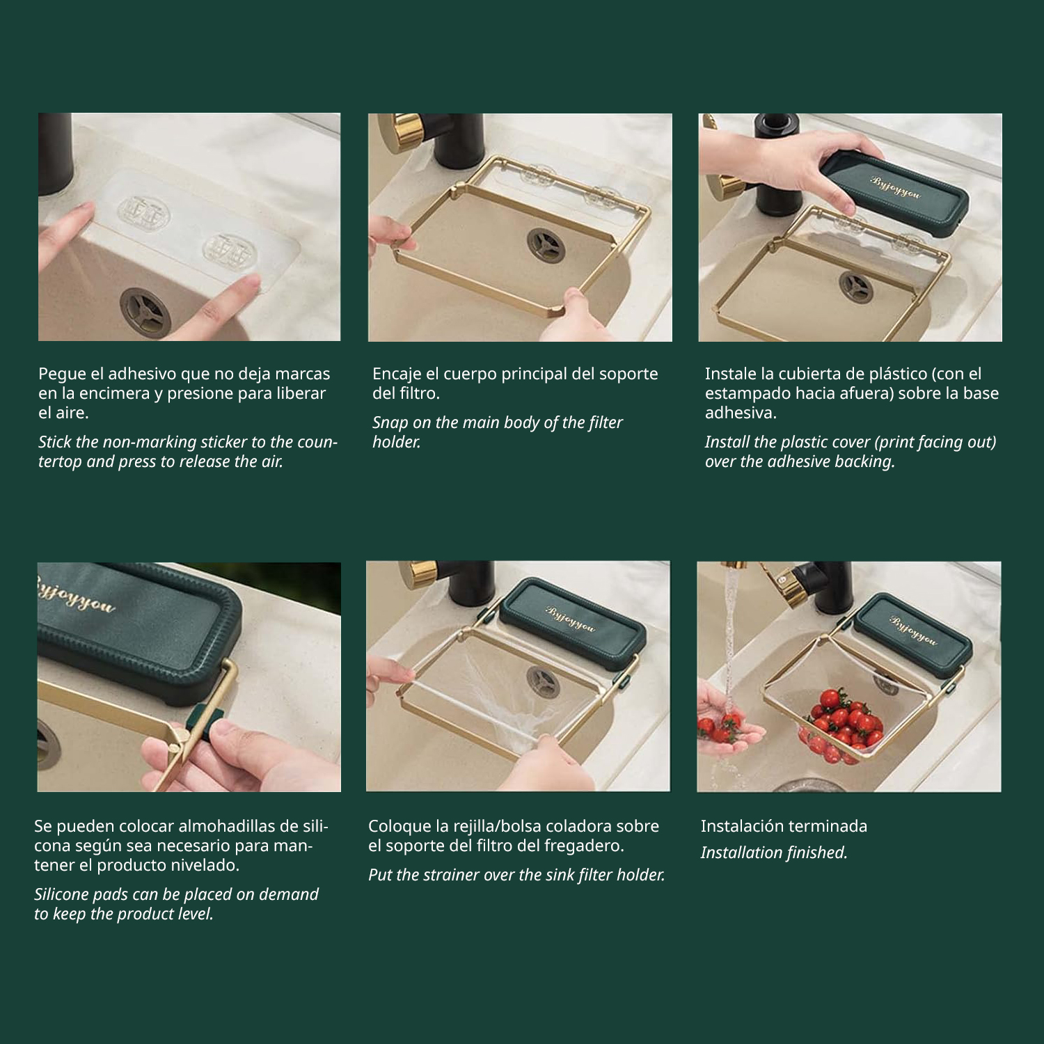 Schritt-für-Schritt-Anleitung zur Montage eines Spülfilters: Aufkleber anbringen, Halterung einrasten, Abdeckung anbringen, Pads anpassen, Sieb platzieren, Installation beendet.