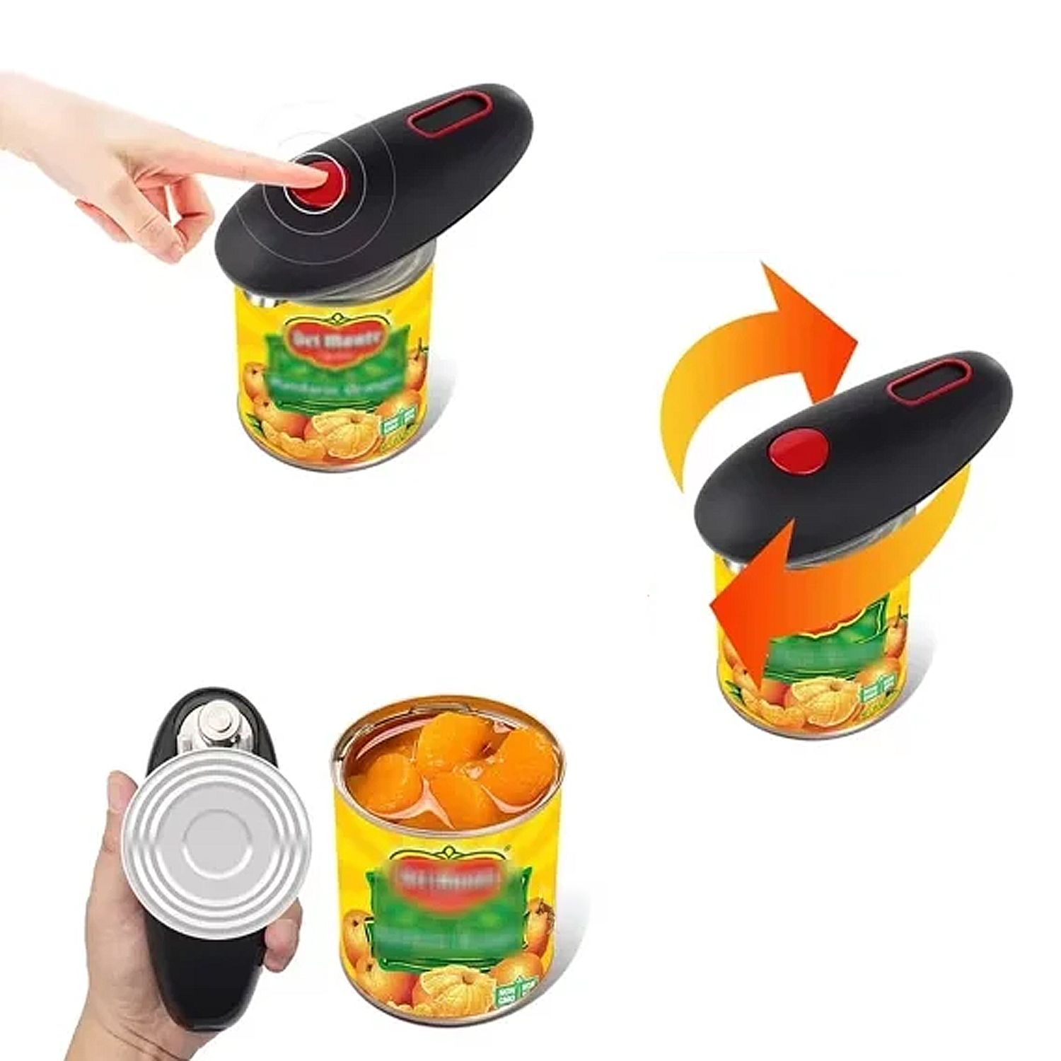 Apriscatole elettrico apre una lattina di frutta, con frecce che mostrano la rotazione.