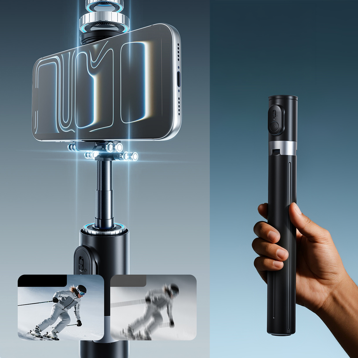 Ein Handy wird auf einem Gimbal montiert, daneben eine Hand hält den Gimbal.