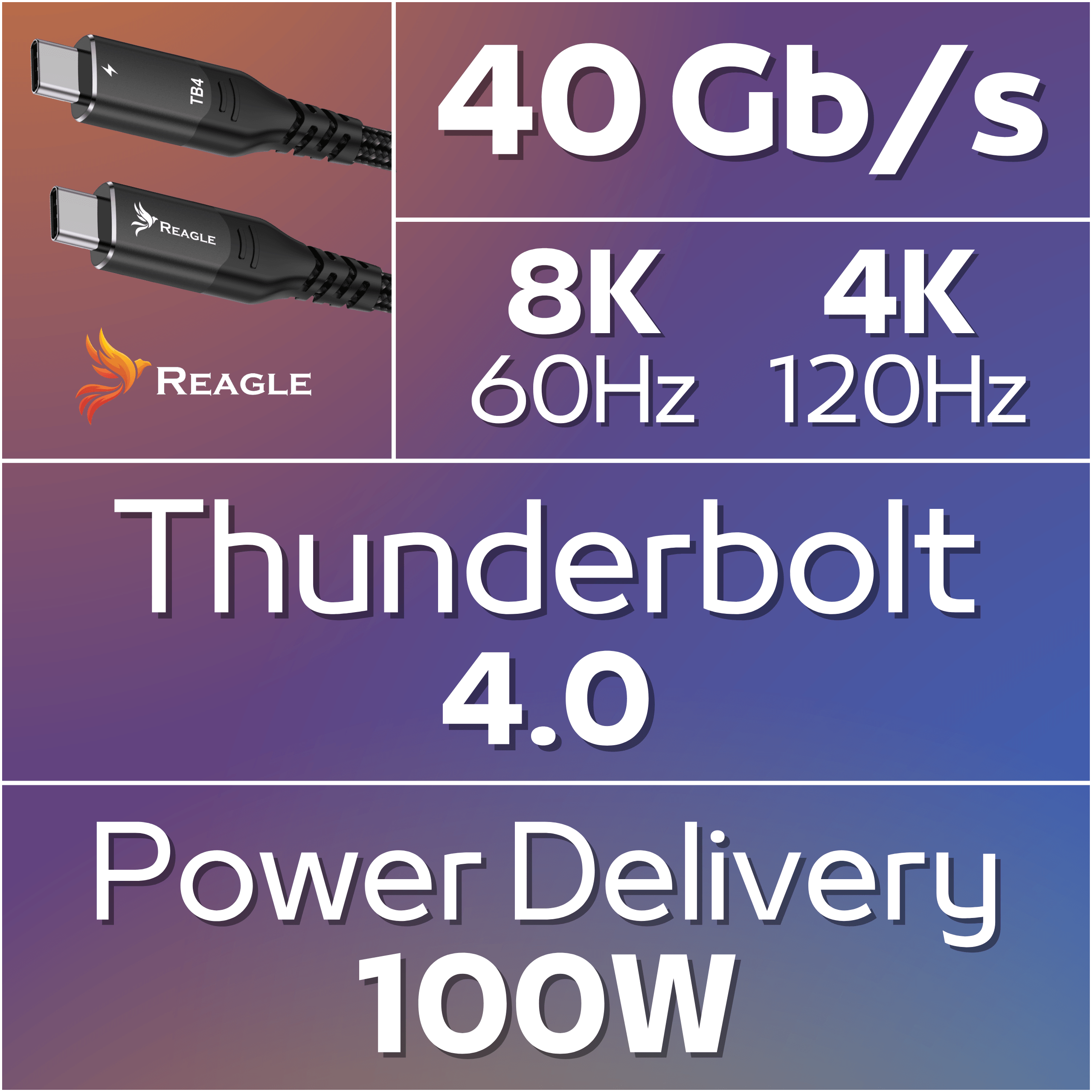 Kabel Reagle Thunderbolt 4 z 40Gb/s, 8K 60Hz, 4K 120Hz, 100W PD.