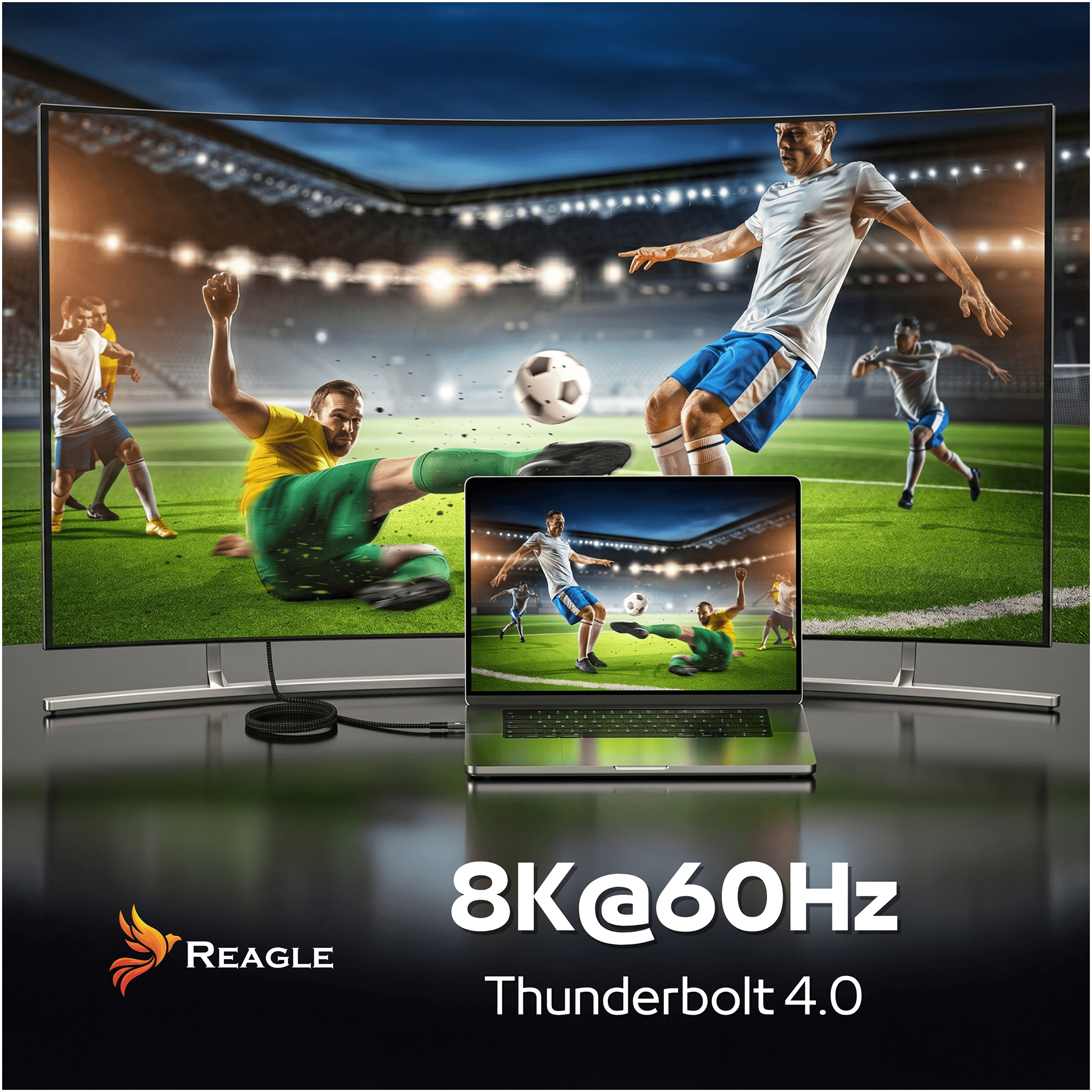 Zakrzywiony telewizor i laptop wyświetlają mecz piłki nożnej. Tekst: 8K@60Hz Thunderbolt 4.0