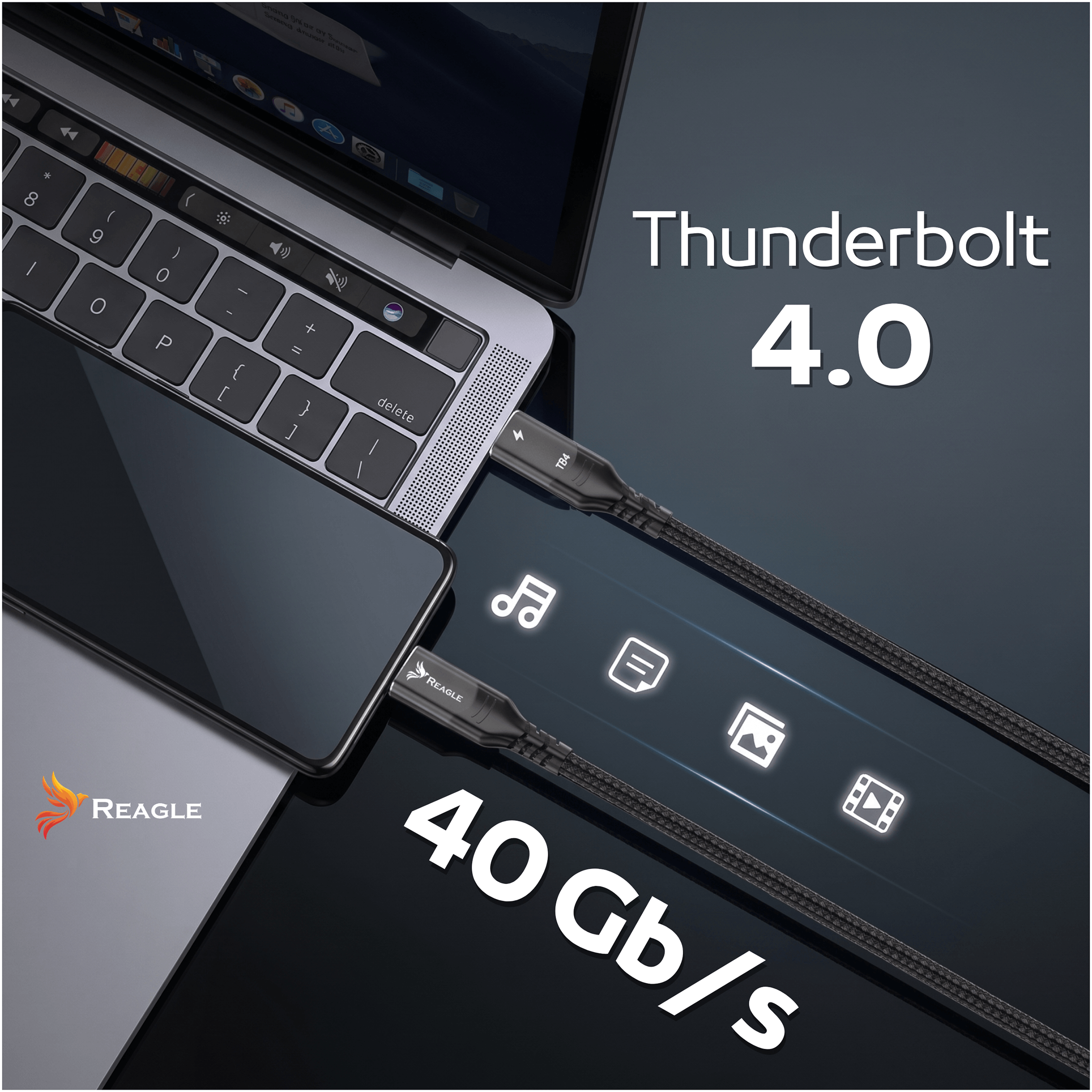 Kabel Thunderbolt 4.0 łączy laptopa z prędkością 40 Gb/s. Logo REAGLE.